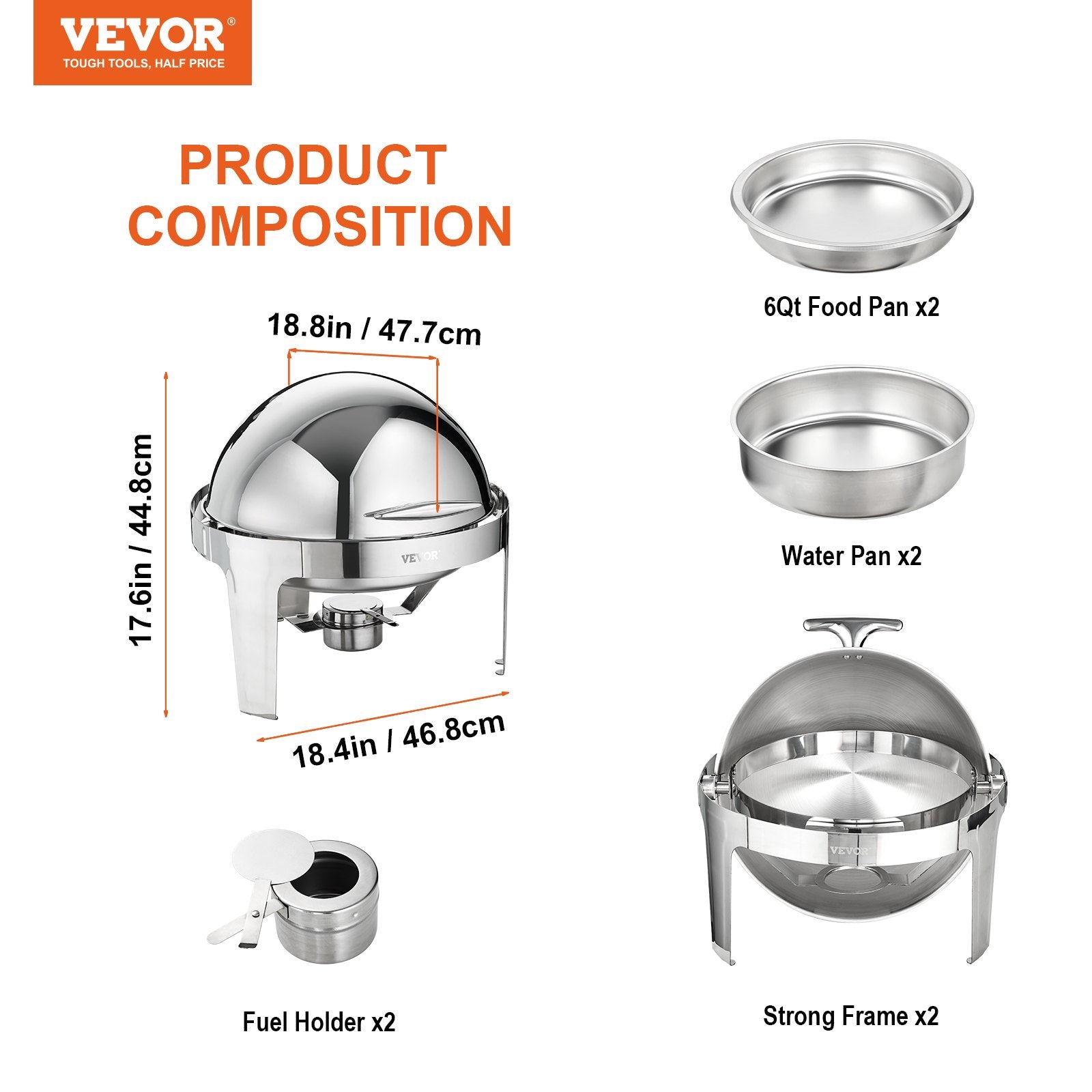 Food Storage: VEVOR Roll Top Chafing Dish Buffet Set, 5.5L 2 Pack, Stainless Steel Chafer with 2 Full Size Pans, Round Catering Warmer Server with Lid Water Pan Stand Fuel Holder, for at Least 5 People Each