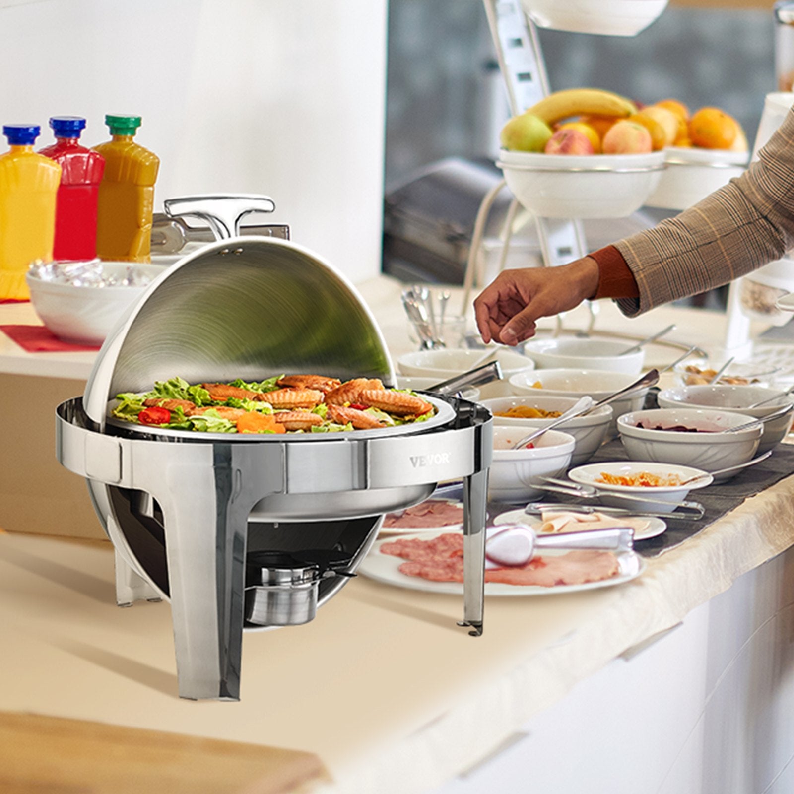 Food Storage: VEVOR Roll Top Chafing Dish Buffet Set, 5.5L 2 Pack, Stainless Steel Chafer with 2 Full Size Pans, Round Catering Warmer Server with Lid Water Pan Stand Fuel Holder, for at Least 5 People Each