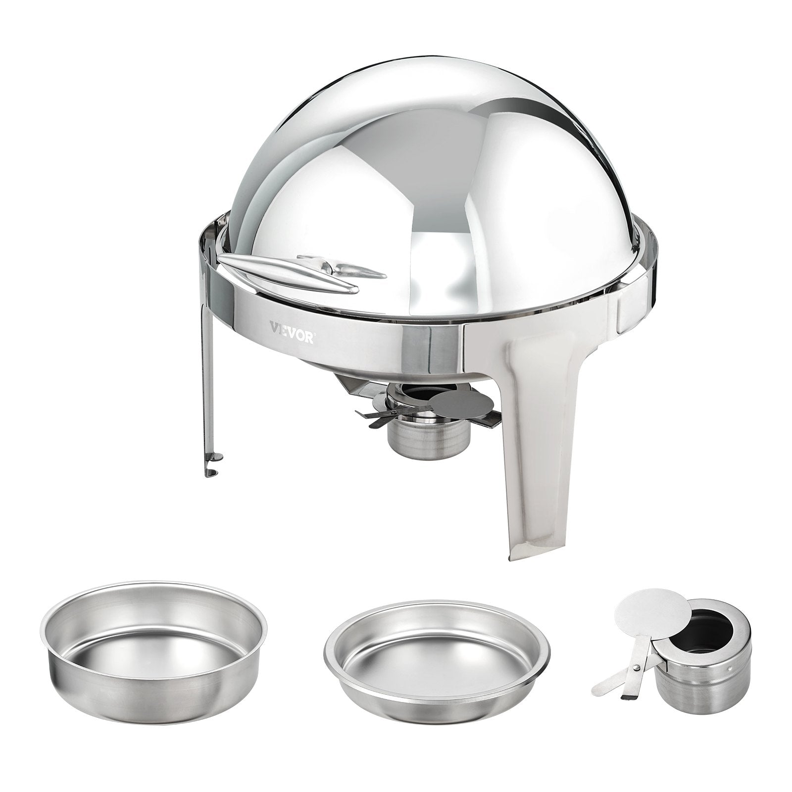 Food Storage: VEVOR Roll Top Chafing Dish Buffet Set, 5.5L 2 Pack, Stainless Steel Chafer with 2 Full Size Pans, Round Catering Warmer Server with Lid Water Pan Stand Fuel Holder, for at Least 5 People Each