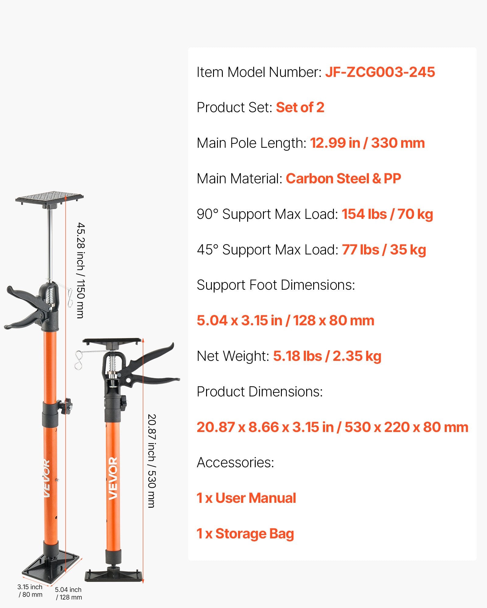 Audio Accessories: VEVOR Cabinet Jack Support Pole, 2-Pack, 54-155 cm Steel Telescopic Quick Support Rod, Adjustable 3rd Hand System up to 70 kg Capacity for Installing Cabinets, Lifting Drywall, Cargo Bars