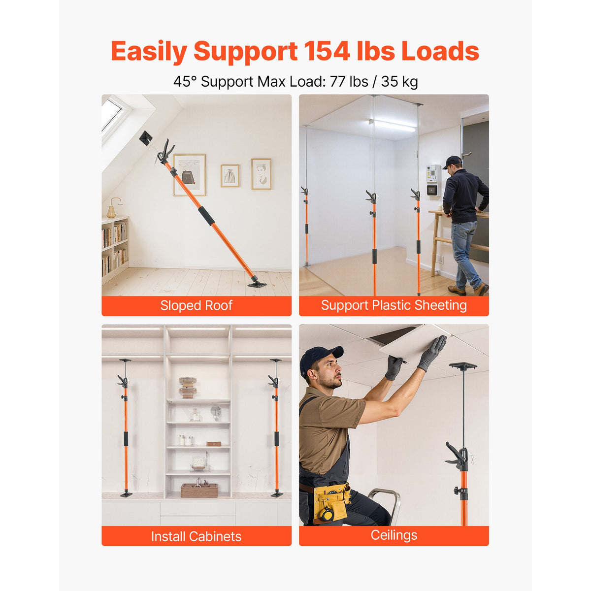Cabinet Jack Support Pole, 2-Pack, 116-290 cm Steel Telescopic Quick Support Rod, Adjustable 3rd Hand System up to 70 kg Capacity for Installing Cabinets, Lifting Drywall, Cargo Bars
