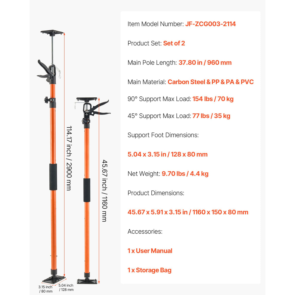 Cabinet Jack Support Pole, 2-Pack, 116-290 cm Steel Telescopic Quick Support Rod, Adjustable 3rd Hand System up to 70 kg Capacity for Installing Cabinets, Lifting Drywall, Cargo Bars
