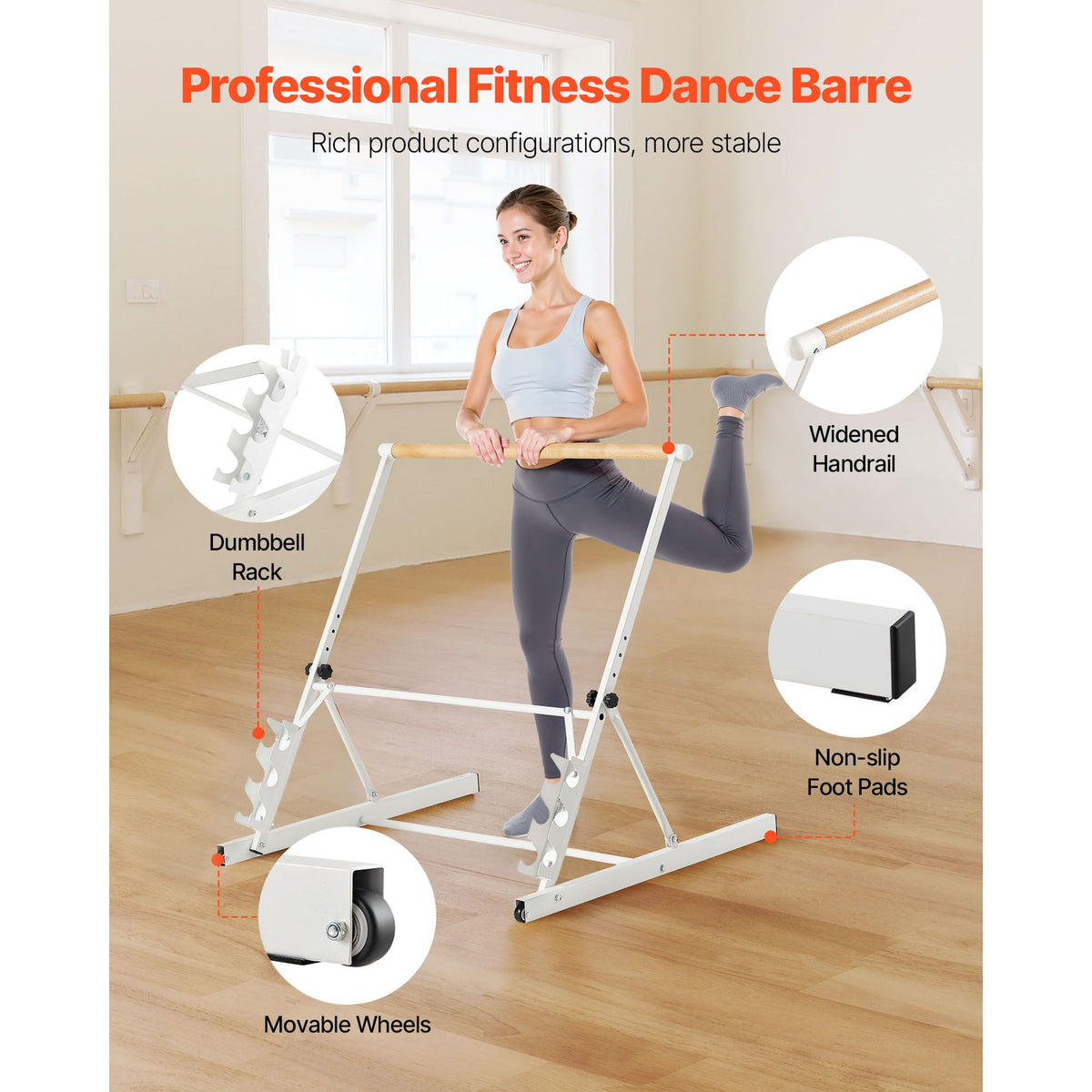 Ballet Barre, Freestanding Portable Barre Bar, Home Fitness Exercise Equipment for Abs, Arms, Strength, and Cardio, Easy to Store Foldable Stretching Dance Bars, 4 Level Height Adjustable