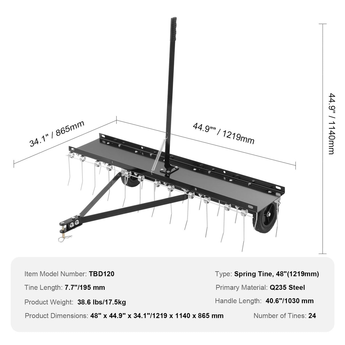 Tow Behind Dethatcher, 1219mm Tow Dethatcher with 24 Spring Steel Tines, Lawn Dethatcher Rake for ATV or Mower, Tow Behind Lawn Rake with Lift Handle for Garden Farm Grass