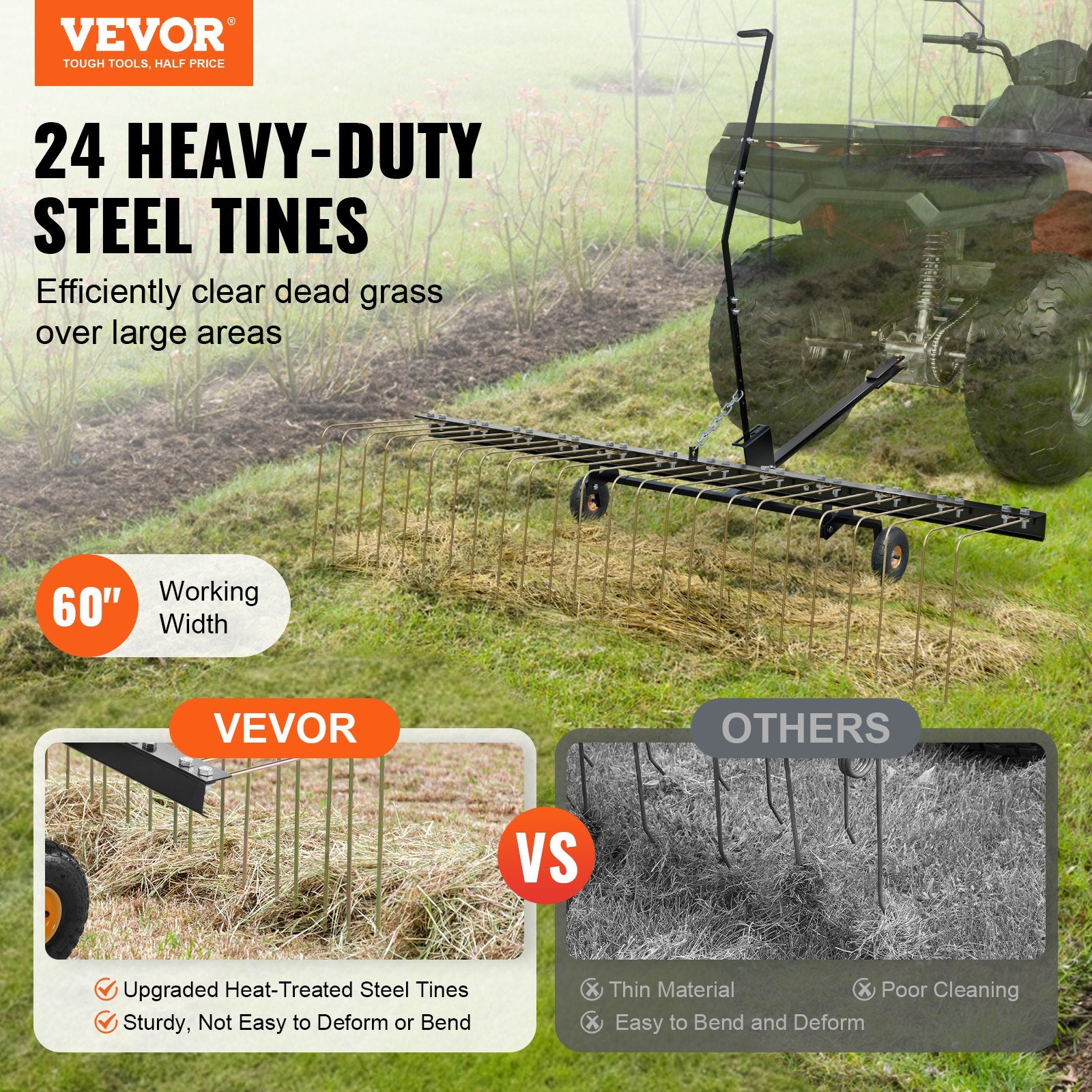 Spreaders & Wheelbarrows: VEVOR Tow Behind Dethatcher, 1.5m Tow Dethatcher with 24 Steel Tines, Lawn Dethatcher Rake for ATV or Mower, Tow Behind Lawn Rake with Lift Handle for Leaves, Pine Needles, and Grass