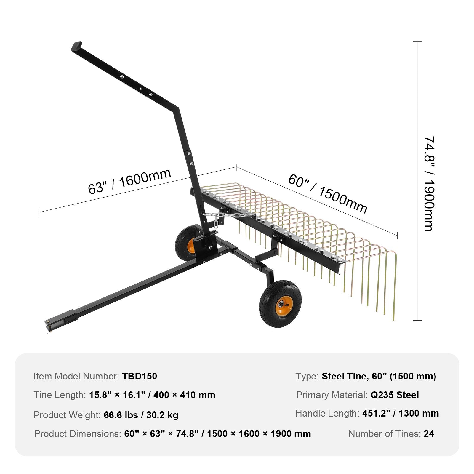 Spreaders & Wheelbarrows: VEVOR Tow Behind Dethatcher, 1.5m Tow Dethatcher with 24 Steel Tines, Lawn Dethatcher Rake for ATV or Mower, Tow Behind Lawn Rake with Lift Handle for Leaves, Pine Needles, and Grass