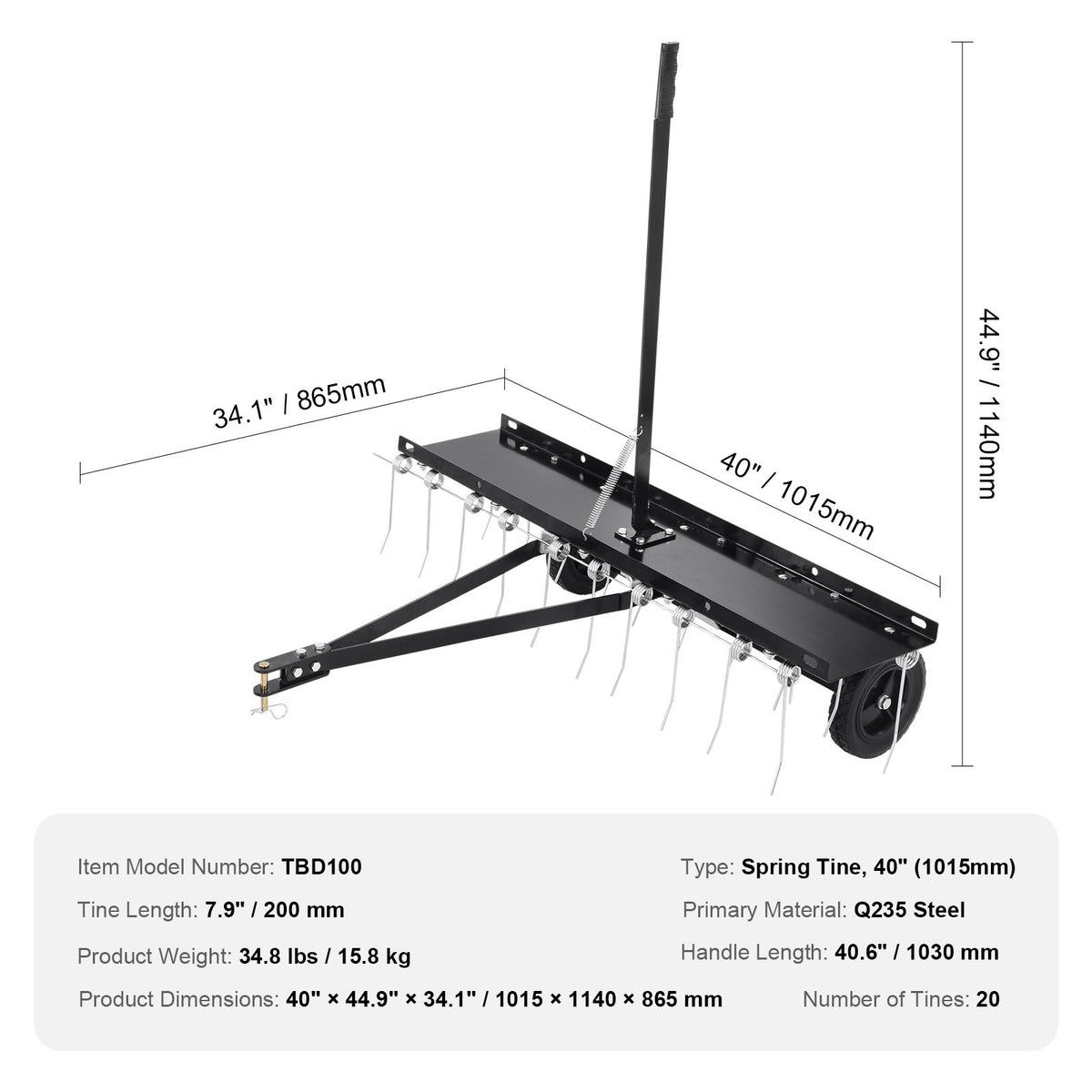 Tow Behind Dethatcher, 1015mm Tow Dethatcher with 20 Spring Steel Tines, Lawn Dethatcher Rake for ATV or Mower, Tow Behind Lawn Rake with Lift Handle for Garden Farm Grass