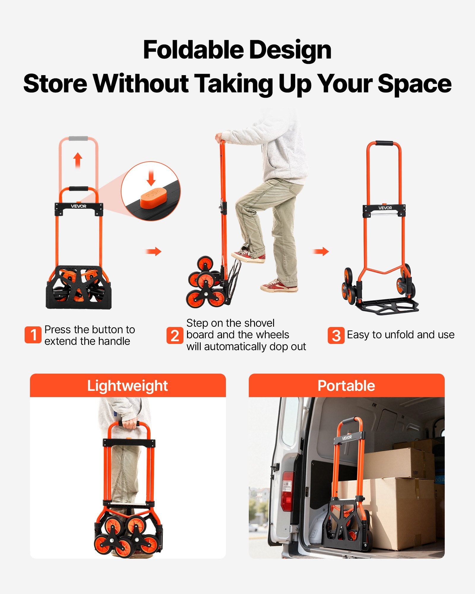 Stair Climbing Cart, 54 kg Stair-Climbing Capacity, Portable Folding Trolley Cart with Telescoping Handle, 6 Wheels and 2 Bungee Cords, Stair Climber Dolly for Home, Groceries, Warehouse