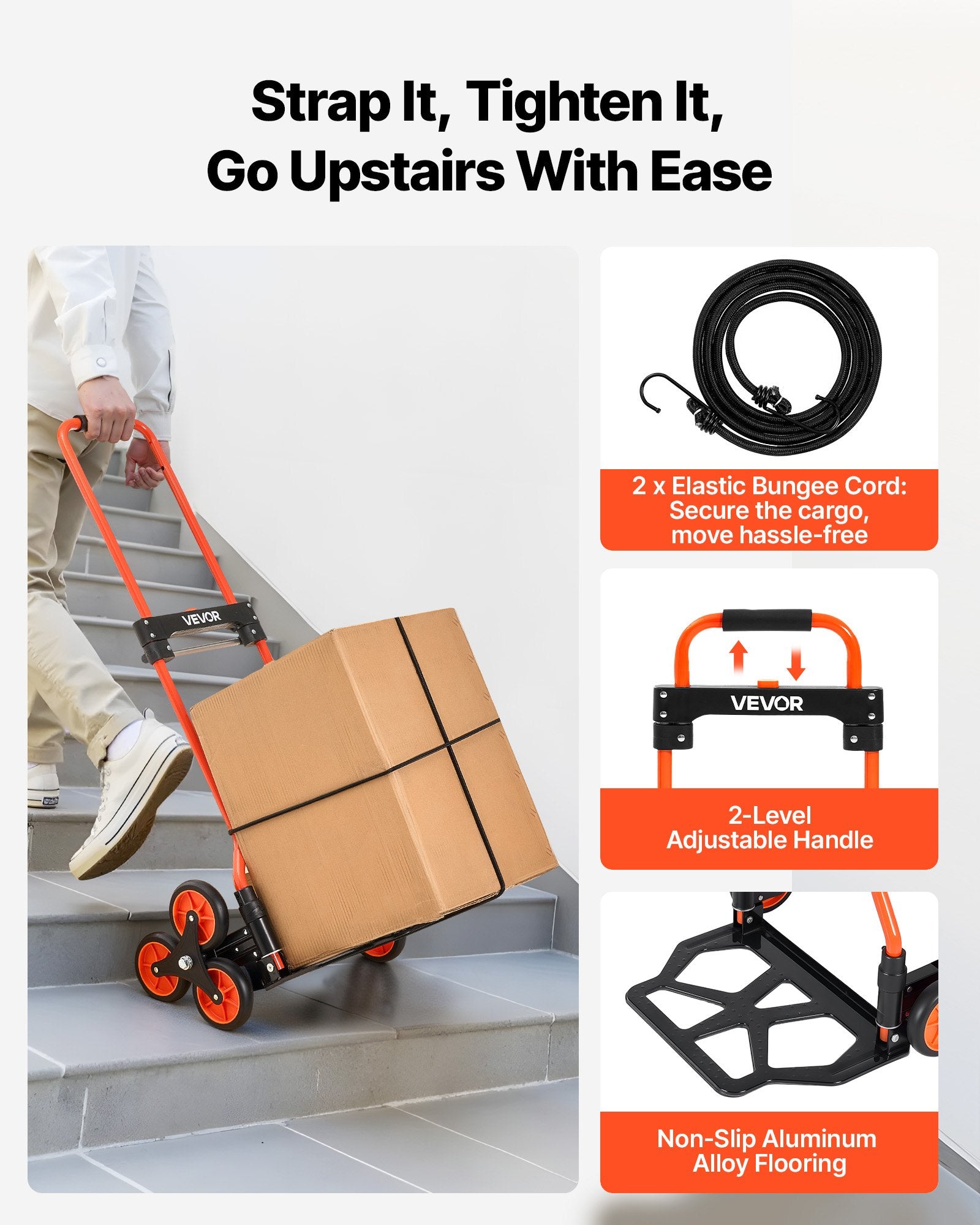 Stair Climbing Cart, 54 kg Stair-Climbing Capacity, Portable Folding Trolley Cart with Telescoping Handle, 6 Wheels and 2 Bungee Cords, Stair Climber Dolly for Home, Groceries, Warehouse