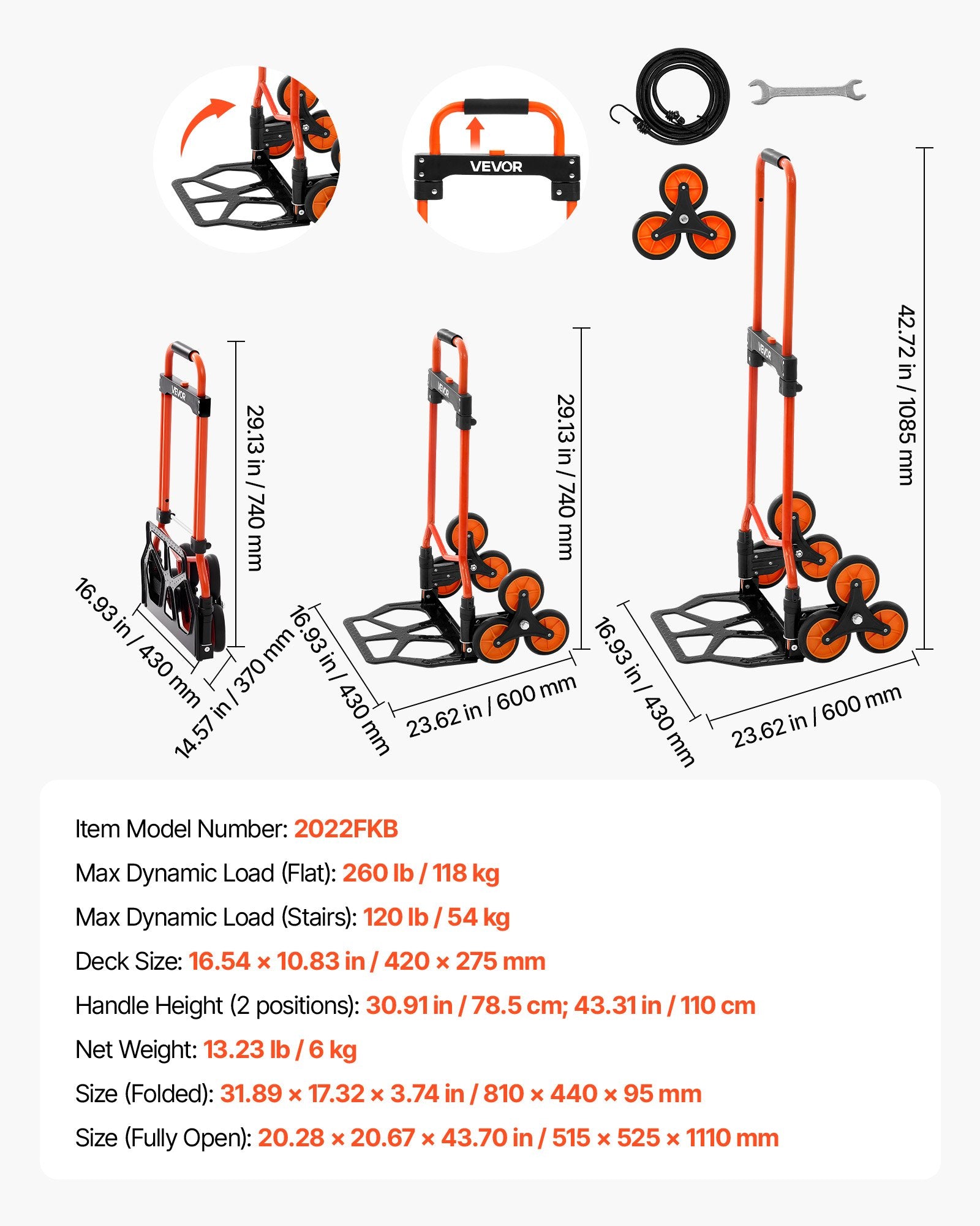 Stair Climbing Cart, 54 kg Stair-Climbing Capacity, Portable Folding Trolley Cart with Telescoping Handle, 6 Wheels and 2 Bungee Cords, Stair Climber Dolly for Home, Groceries, Warehouse