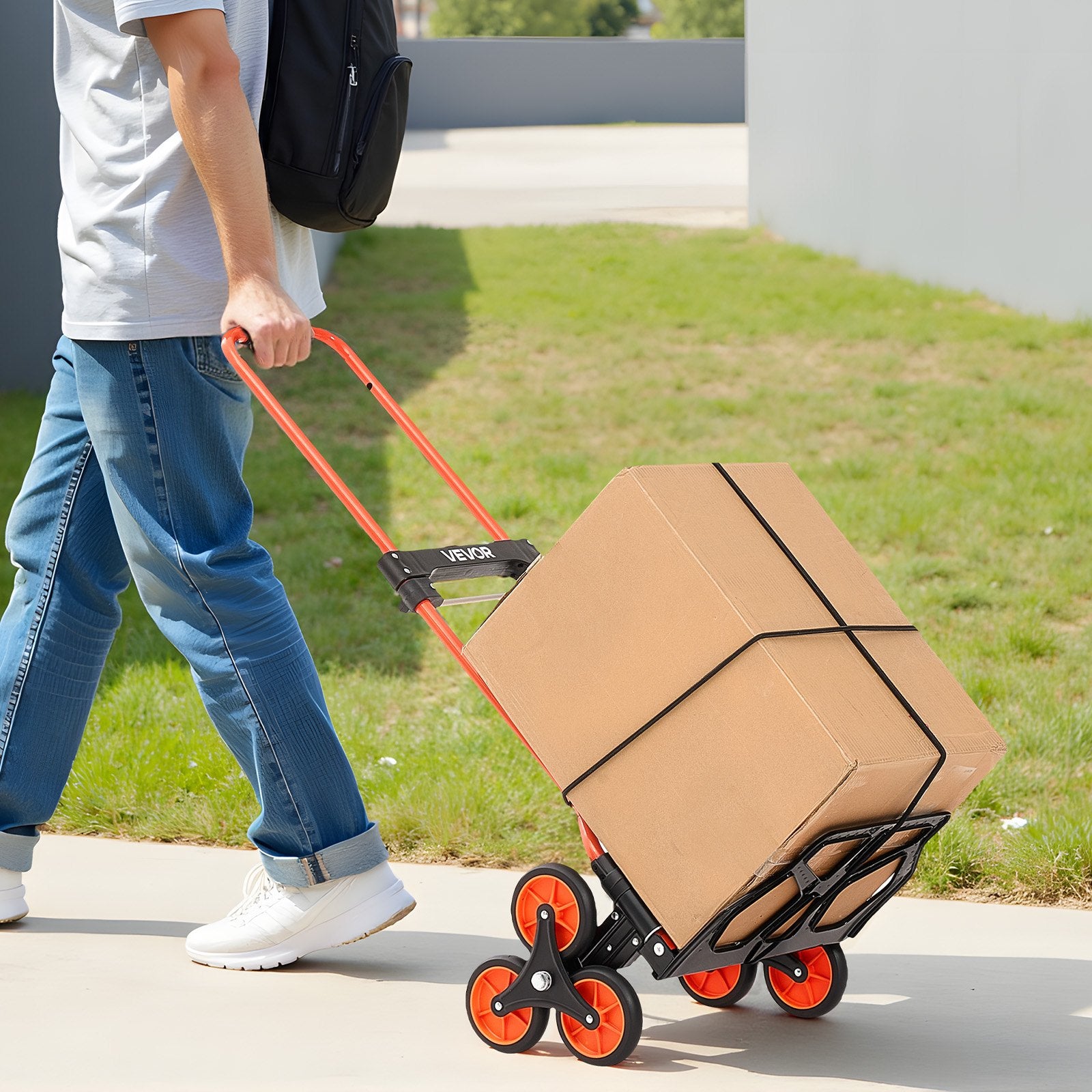 Stair Climbing Cart, 54 kg Stair-Climbing Capacity, Portable Folding Trolley Cart with Telescoping Handle, 6 Wheels and 2 Bungee Cords, Stair Climber Dolly for Home, Groceries, Warehouse