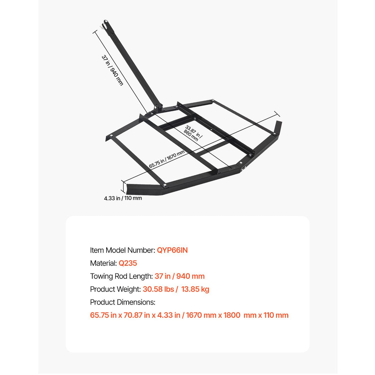Drag Harrow, 66" Width Tow Behind Drag Harrow, Q235 Steel Driveway Grader with Adjustable Bars & Pin Hitch, Support up to 50 lbs, Tractor Driveway Harrow for ATVs, UTVs, Garden Lawn Tractors