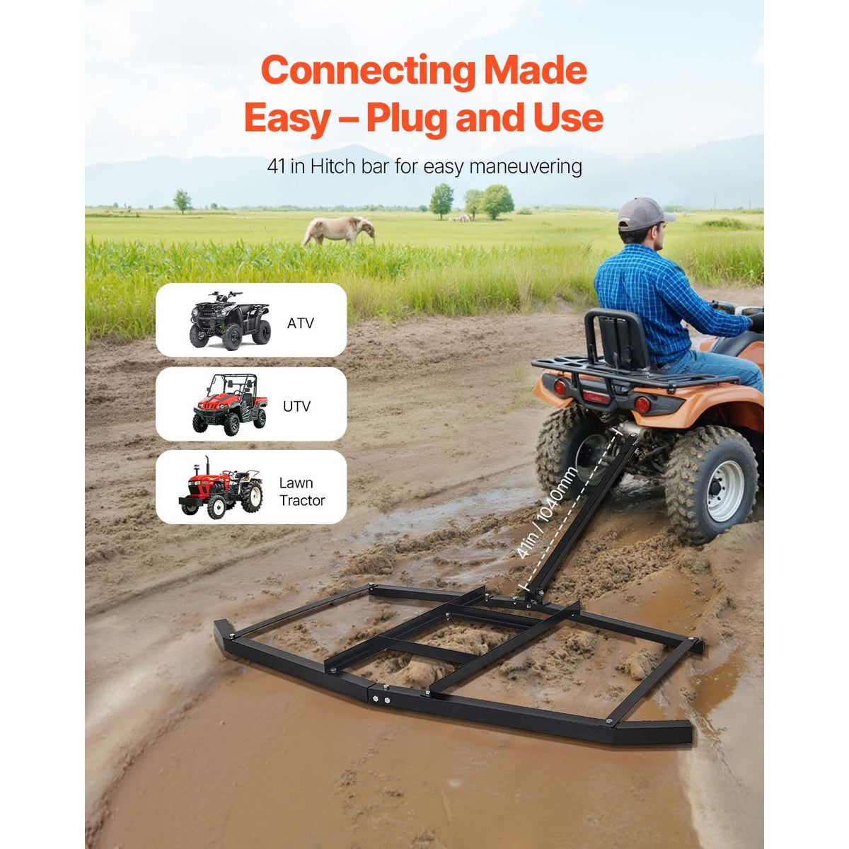 Drag Harrow, 74" Width Tow Behind Drag Harrow, Q235 Steel Driveway Grader with Adjustable Bars & Pin Hitch, Support up to 50 lbs, Tractor Driveway Harrow for ATVs, UTVs, Garden Lawn Tractors
