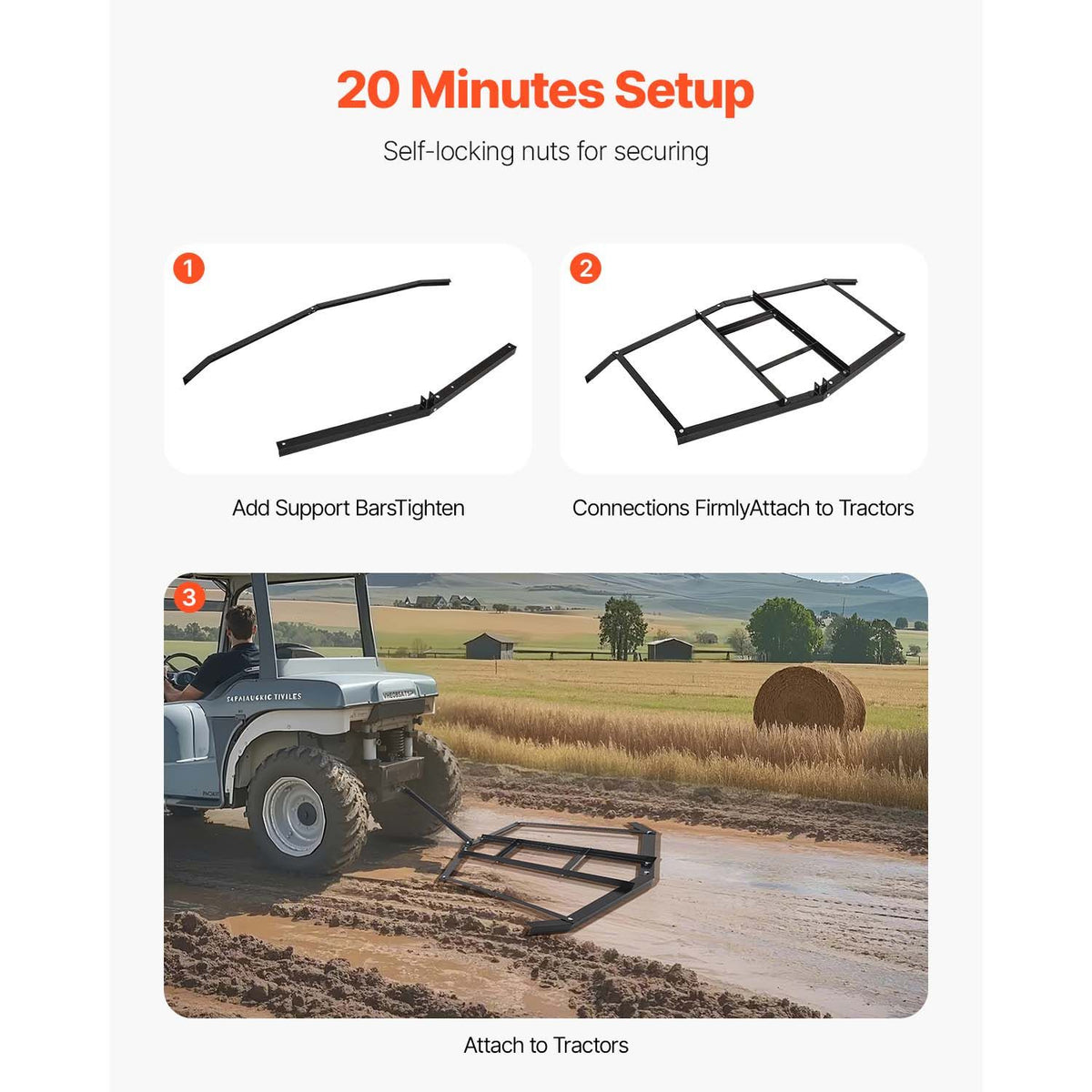 Drag Harrow, 74" Width Tow Behind Drag Harrow, Q235 Steel Driveway Grader with Adjustable Bars & Pin Hitch, Support up to 50 lbs, Tractor Driveway Harrow for ATVs, UTVs, Garden Lawn Tractors