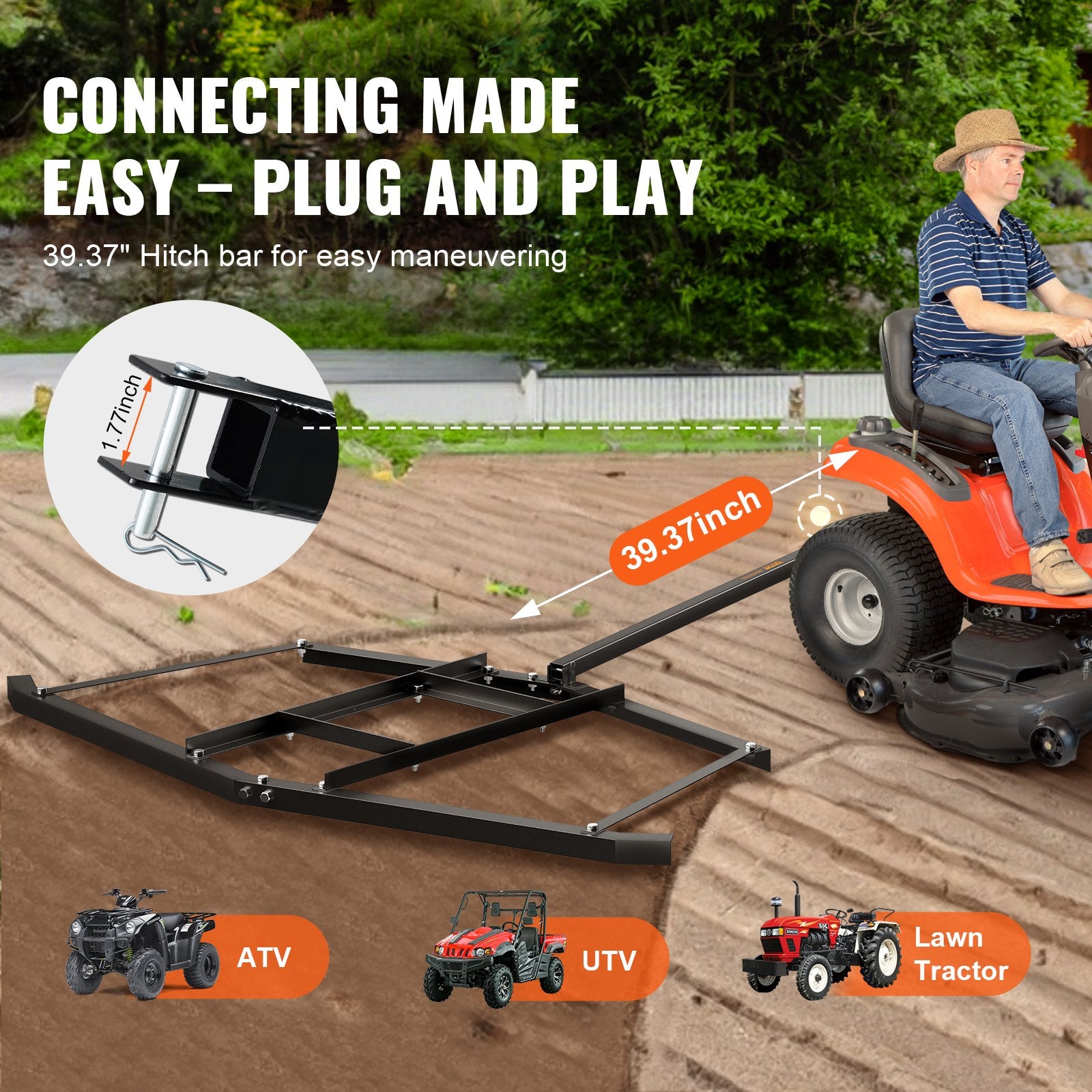 Lawn Rollers: VEVOR Driveway Drag, 76.57" Width Tow Behind Drag Harrow, Q235 Steel Driveway Grader with Adjustable Bars, Support up to 50 lbs, Driveway Tractor Harrow for ATVs, UTVs, Garden Lawn Tractors