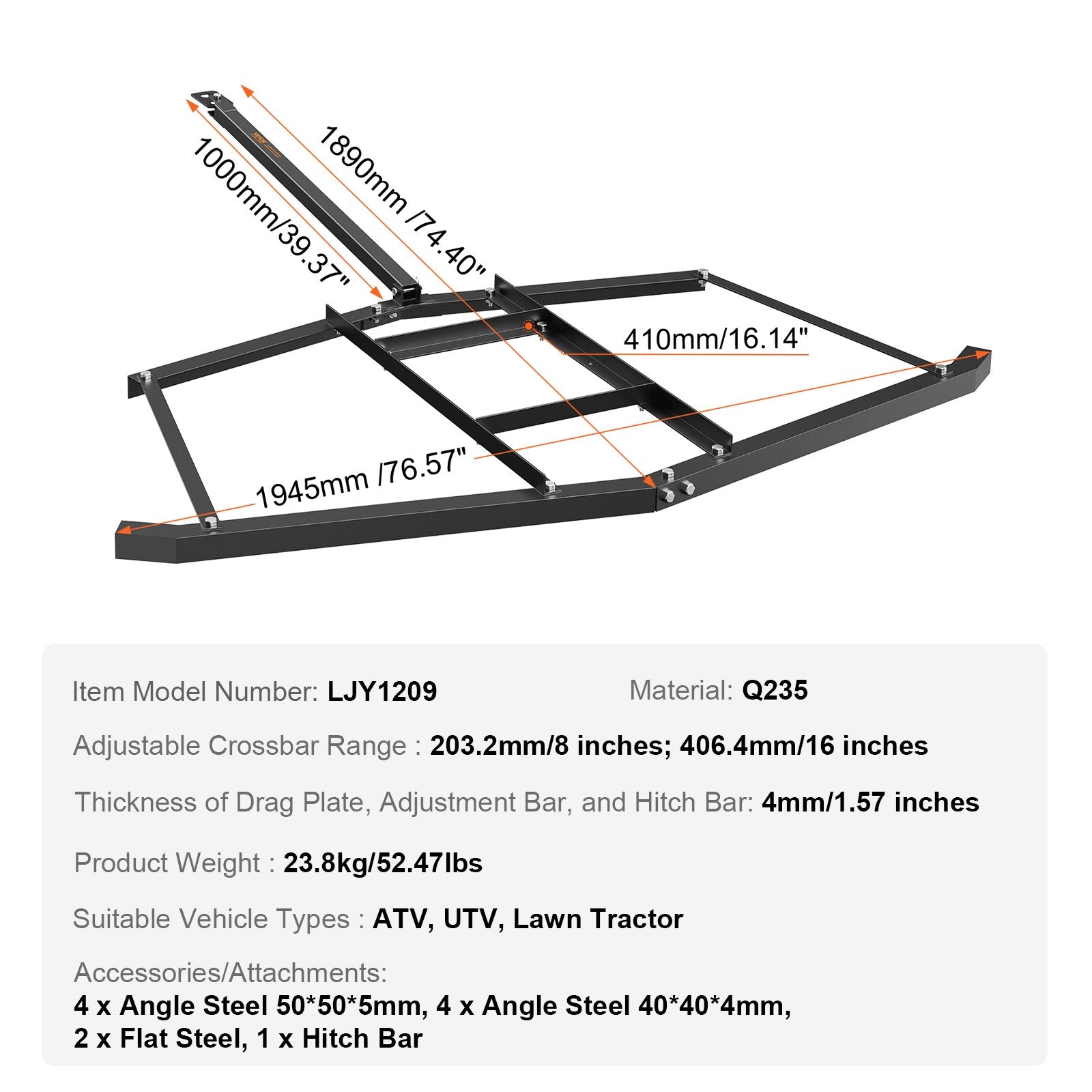 Lawn Rollers: VEVOR Driveway Drag, 76.57" Width Tow Behind Drag Harrow, Q235 Steel Driveway Grader with Adjustable Bars, Support up to 50 lbs, Driveway Tractor Harrow for ATVs, UTVs, Garden Lawn Tractors