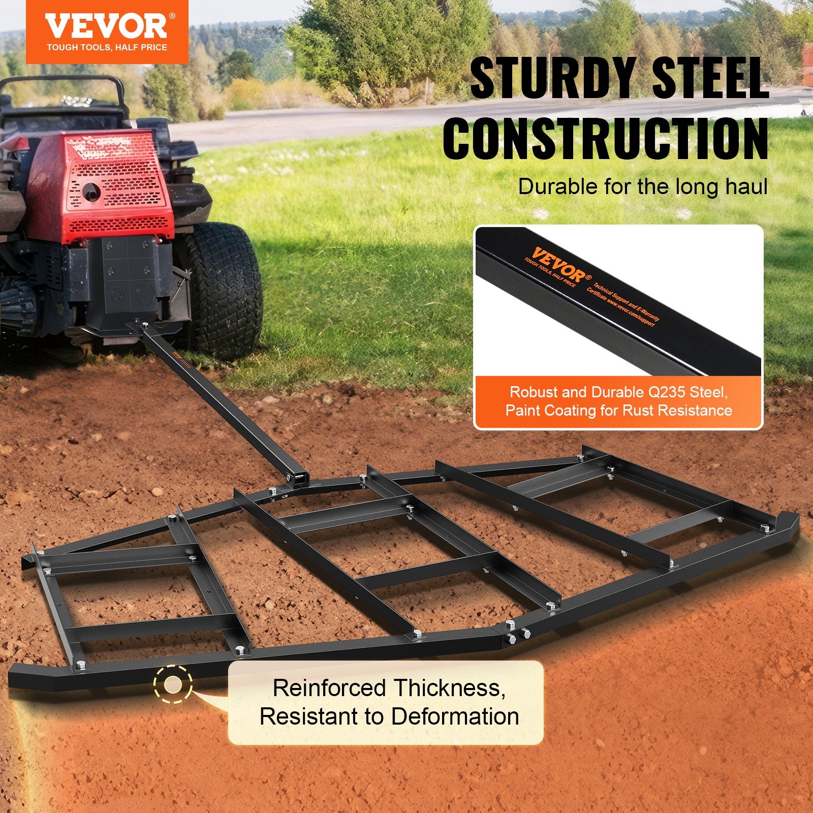 Lawn Rollers: VEVOR Driveway Drag, 84" Width Tow Behind Drag Harrow, Q235 Steel Driveway Grader with Adjustable Bars, Support up to 50 lbs, Driveway Tractor Harrow for ATVs, UTVs, Garden Lawn Tractors