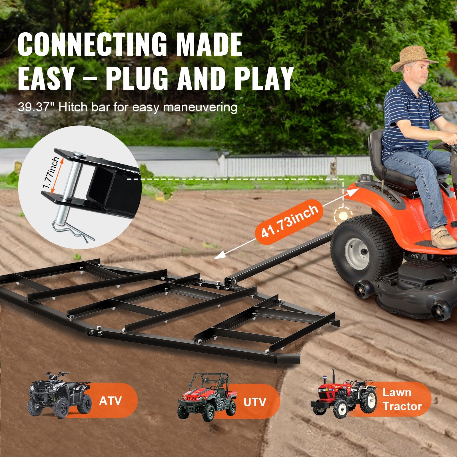 Lawn Rollers: VEVOR Driveway Drag, 84" Width Tow Behind Drag Harrow, Q235 Steel Driveway Grader with Adjustable Bars, Support up to 50 lbs, Driveway Tractor Harrow for ATVs, UTVs, Garden Lawn Tractors