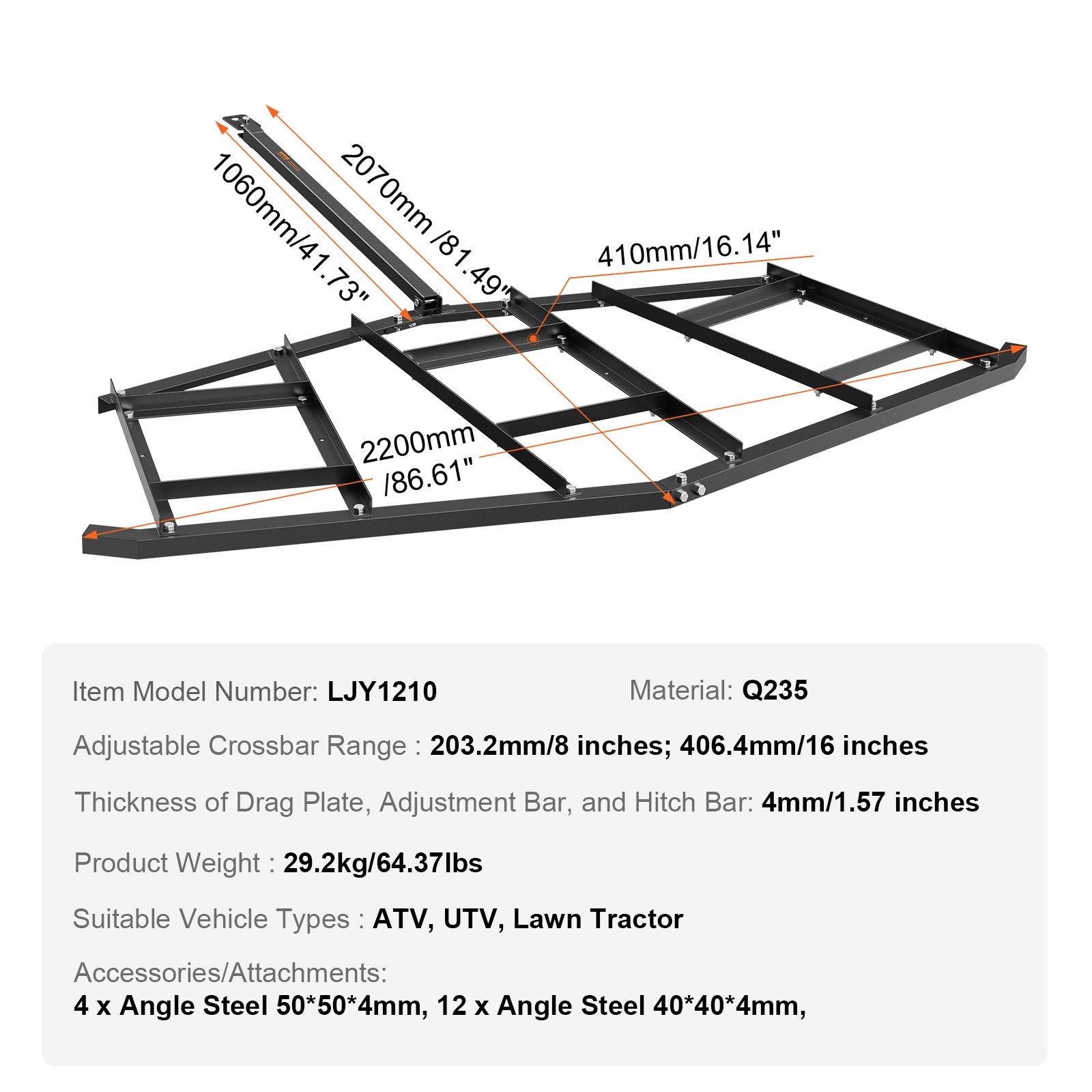 Lawn Rollers: VEVOR Driveway Drag, 84" Width Tow Behind Drag Harrow, Q235 Steel Driveway Grader with Adjustable Bars, Support up to 50 lbs, Driveway Tractor Harrow for ATVs, UTVs, Garden Lawn Tractors