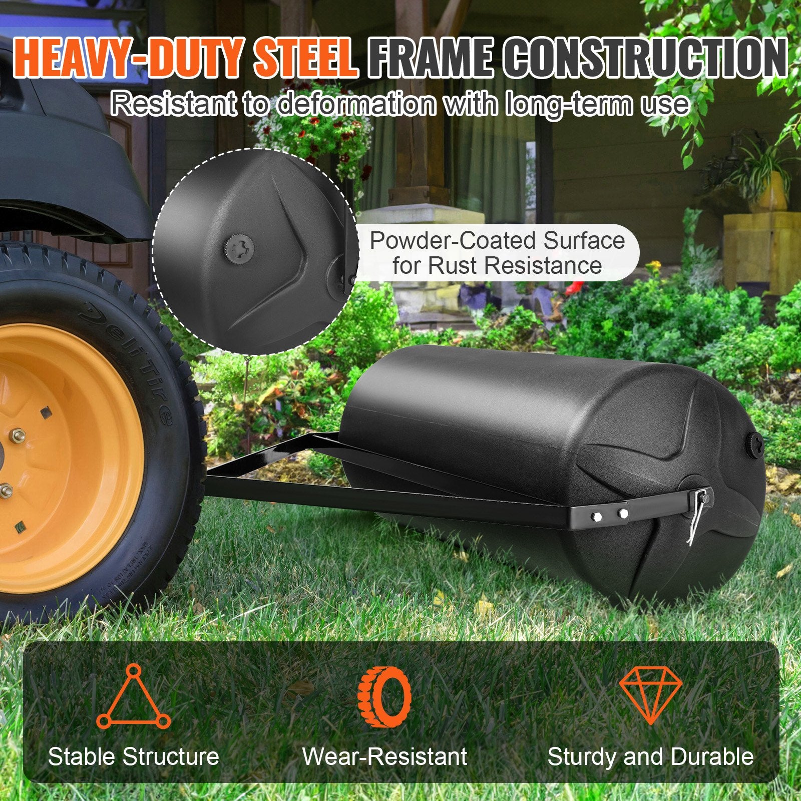 Tow Behind Lawn Roller, 400lbs Sand/Water Filled Yard Roller, LLDPE Drum and Steel Frame Sod Roller with Easy-turn Plug, Tow Behind a Tractor or ATV for Lawn, Garden, Farm, Park, Black