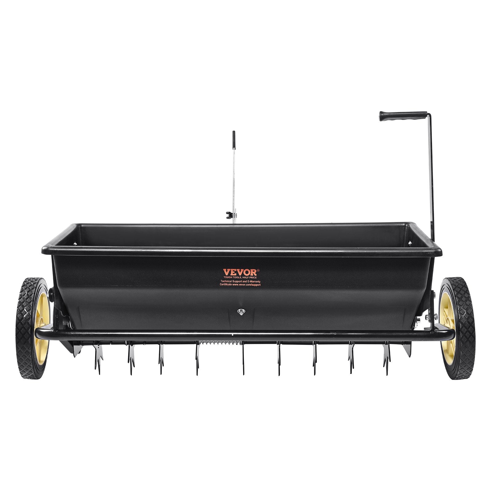 Gardening Tools: VEVOR Broadcast Spreader, 100 LB Tow Behind Poly Drop Spreader with 10" Wheels, Steel Spike Aerator, Fertilizer Spreader, Garden Seeder, and Salt Spreader, for Residential, Farm, Tough Terrain, Black