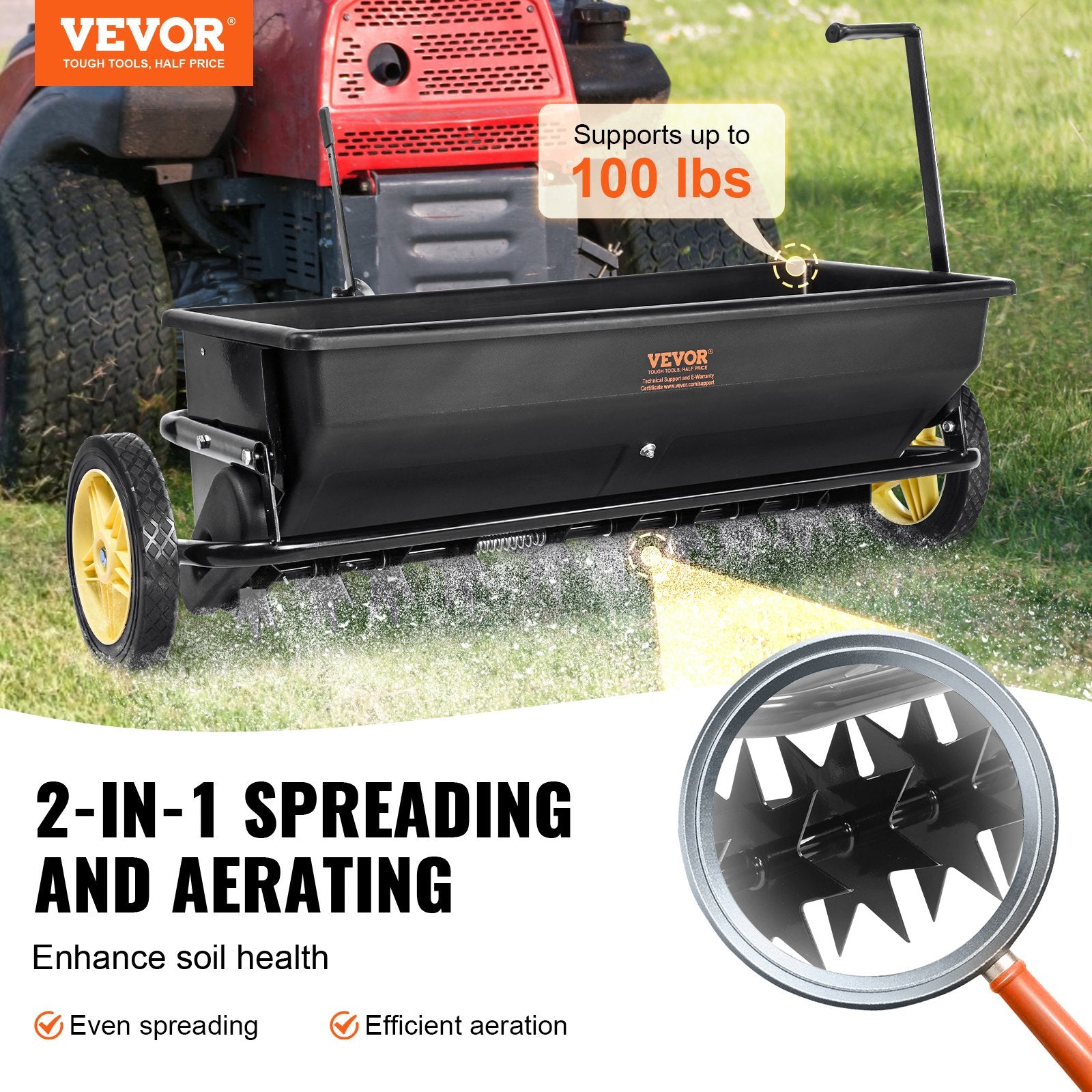 Gardening Tools: VEVOR Broadcast Spreader, 100 LB Tow Behind Poly Drop Spreader with 10" Wheels, Steel Spike Aerator, Fertilizer Spreader, Garden Seeder, and Salt Spreader, for Residential, Farm, Tough Terrain, Black