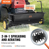 Gardening Tools: VEVOR Broadcast Spreader, 100 LB Tow Behind Poly Drop Spreader with 10" Wheels, Steel Spike Aerator, Fertilizer Spreader, Garden Seeder, and Salt Spreader, for Residential, Farm, Tough Terrain, Black