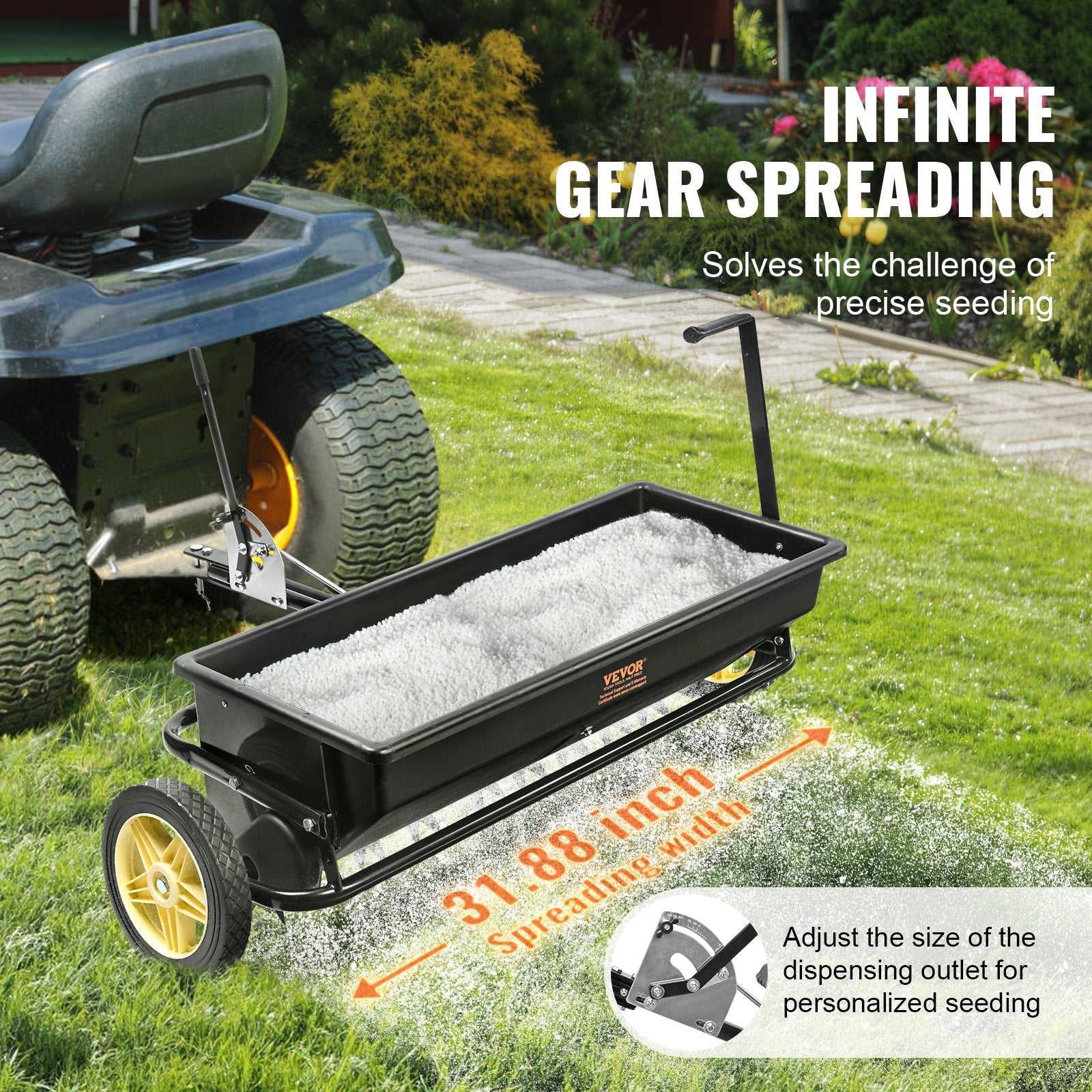 Gardening Tools: VEVOR Broadcast Spreader, 100 LB Tow Behind Poly Drop Spreader with 10" Wheels, Steel Spike Aerator, Fertilizer Spreader, Garden Seeder, and Salt Spreader, for Residential, Farm, Tough Terrain, Black