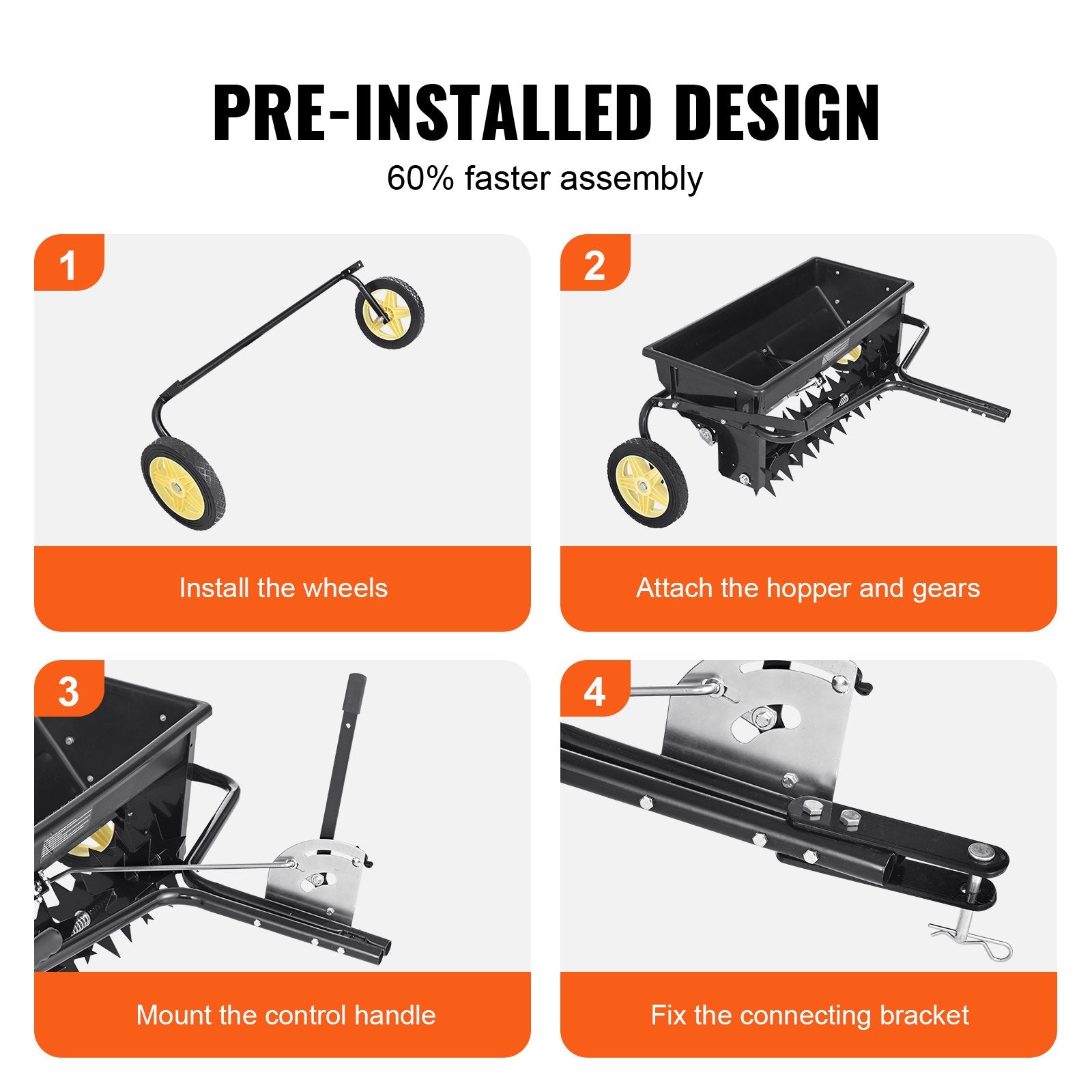 Gardening Tools: VEVOR Broadcast Spreader, 100 LB Tow Behind Poly Drop Spreader with 10" Wheels, Steel Spike Aerator, Fertilizer Spreader, Garden Seeder, and Salt Spreader, for Residential, Farm, Tough Terrain, Black