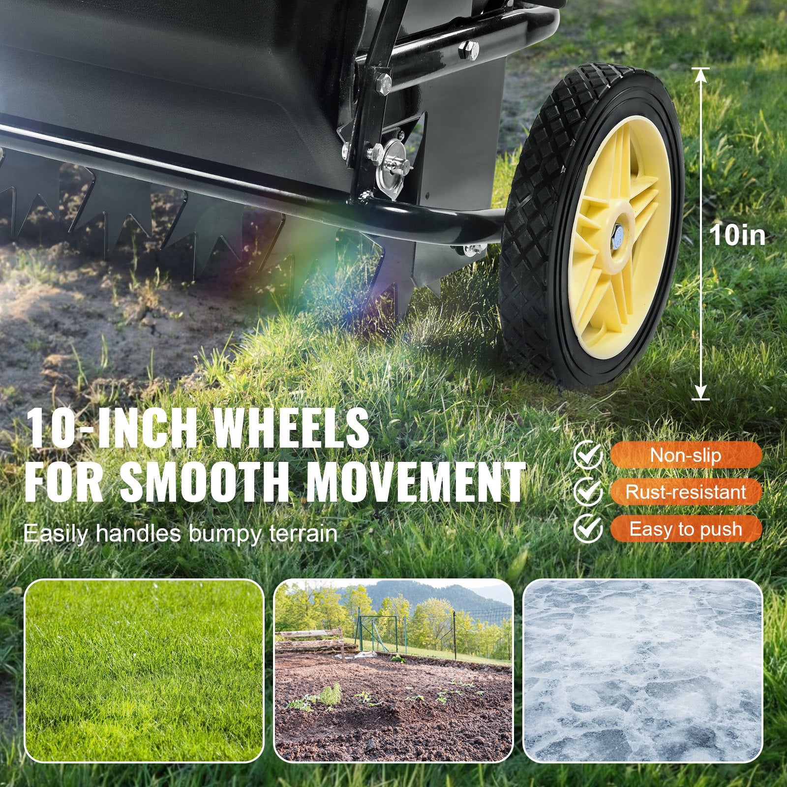 Gardening Tools: VEVOR Broadcast Spreader, 100 LB Tow Behind Poly Drop Spreader with 10" Wheels, Steel Spike Aerator, Fertilizer Spreader, Garden Seeder, and Salt Spreader, for Residential, Farm, Tough Terrain, Black