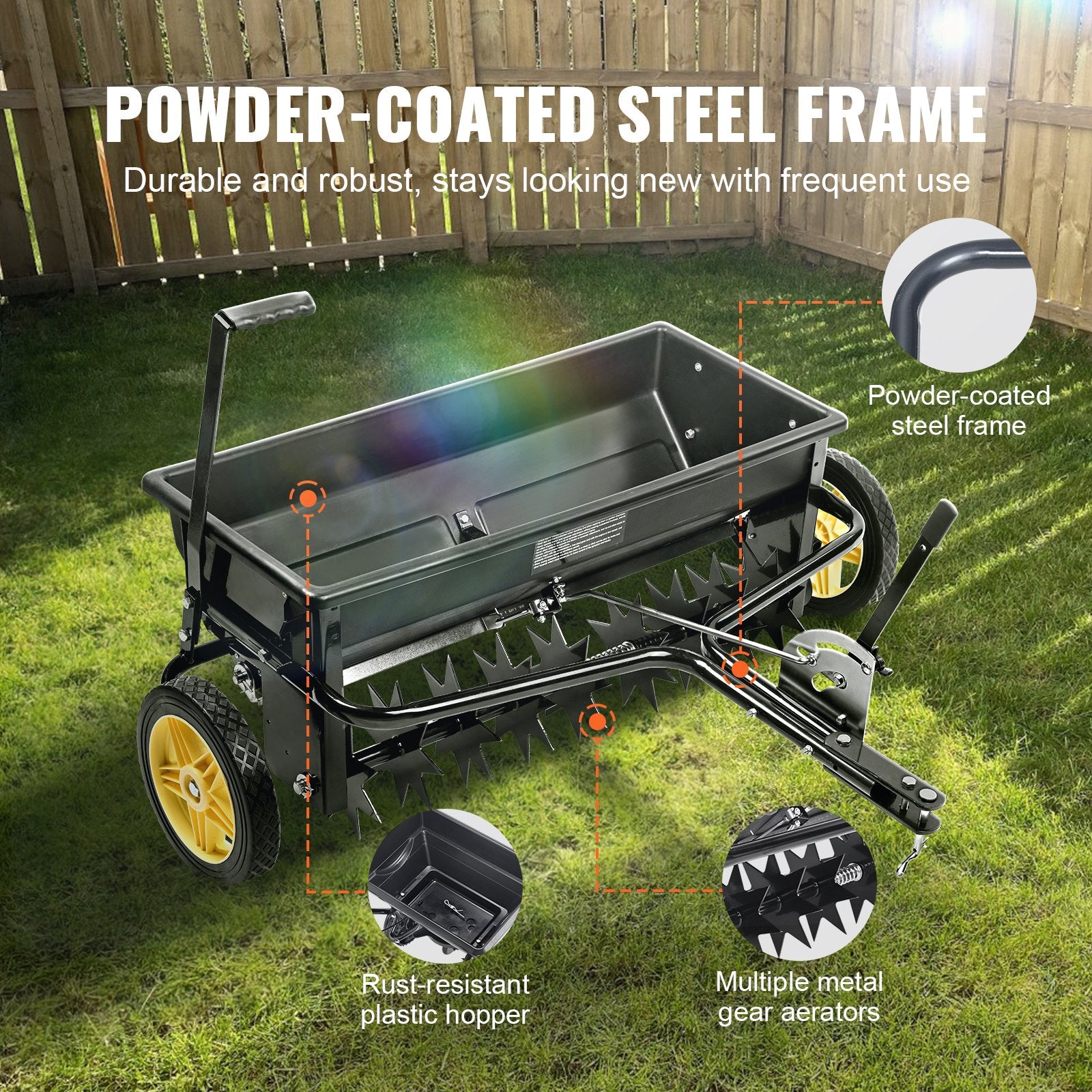Gardening Tools: VEVOR Broadcast Spreader, 100 LB Tow Behind Poly Drop Spreader with 10" Wheels, Steel Spike Aerator, Fertilizer Spreader, Garden Seeder, and Salt Spreader, for Residential, Farm, Tough Terrain, Black