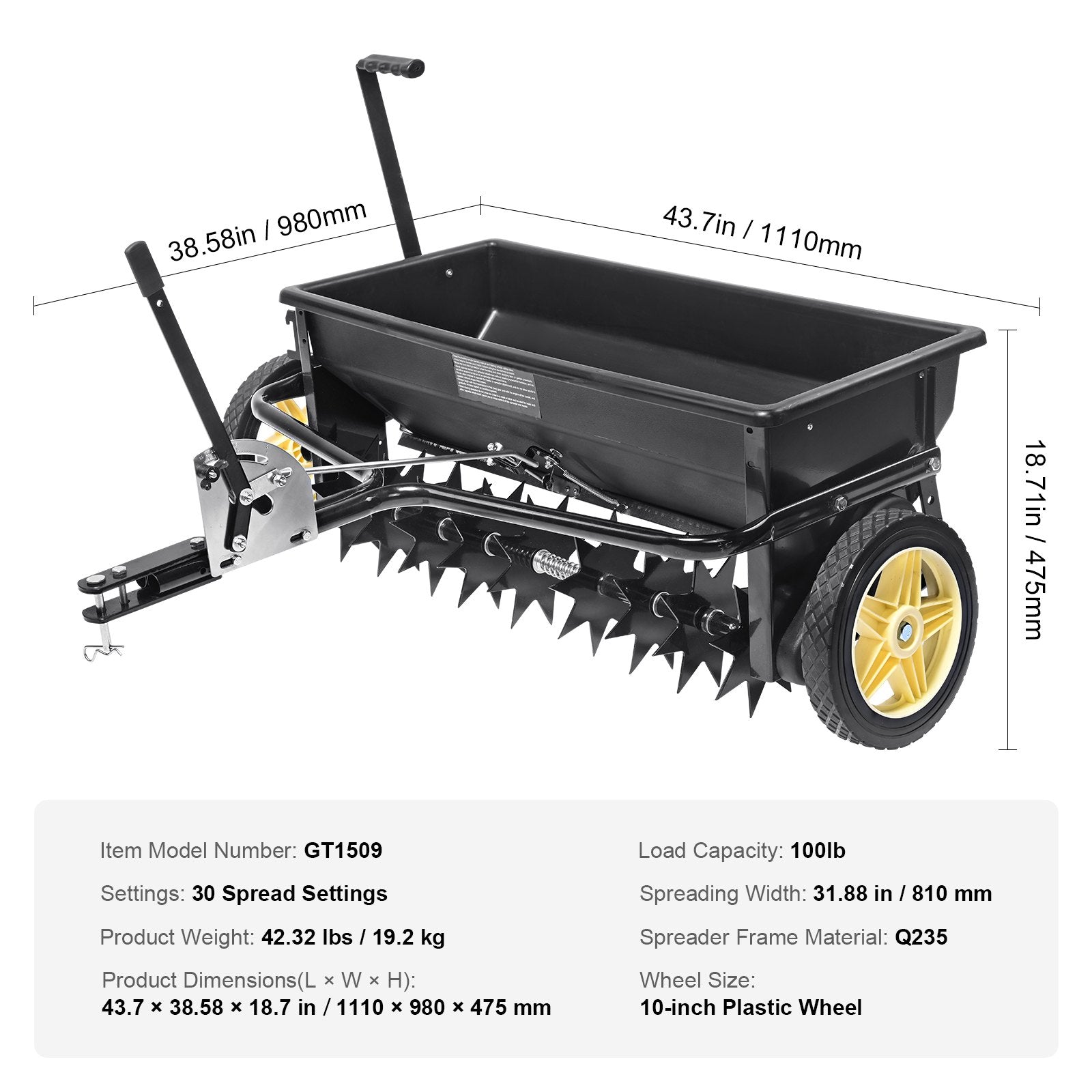 Gardening Tools: VEVOR Broadcast Spreader, 100 LB Tow Behind Poly Drop Spreader with 10" Wheels, Steel Spike Aerator, Fertilizer Spreader, Garden Seeder, and Salt Spreader, for Residential, Farm, Tough Terrain, Black