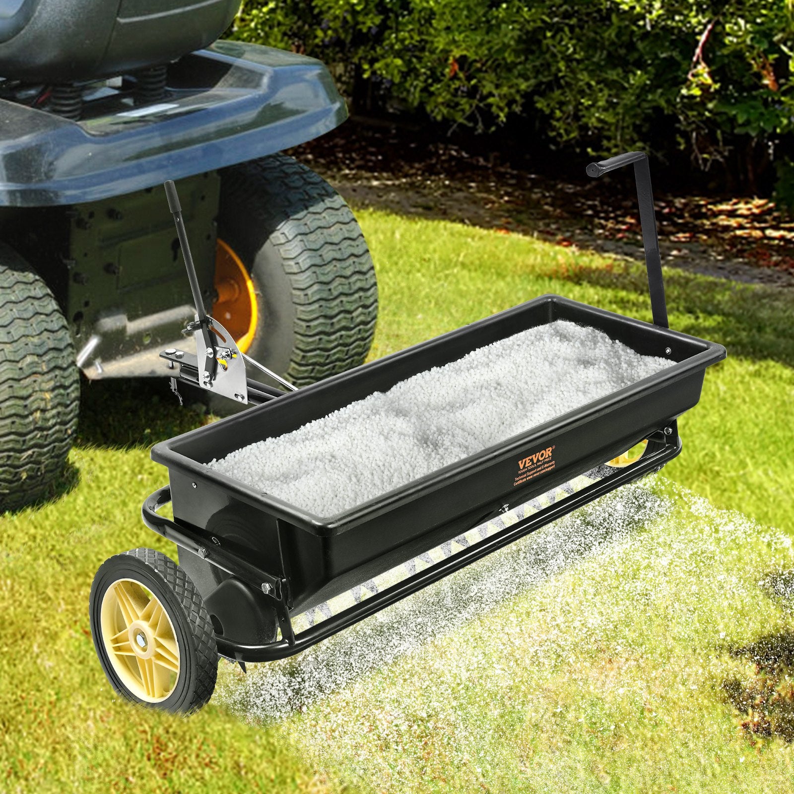 Gardening Tools: VEVOR Broadcast Spreader, 100 LB Tow Behind Poly Drop Spreader with 10" Wheels, Steel Spike Aerator, Fertilizer Spreader, Garden Seeder, and Salt Spreader, for Residential, Farm, Tough Terrain, Black