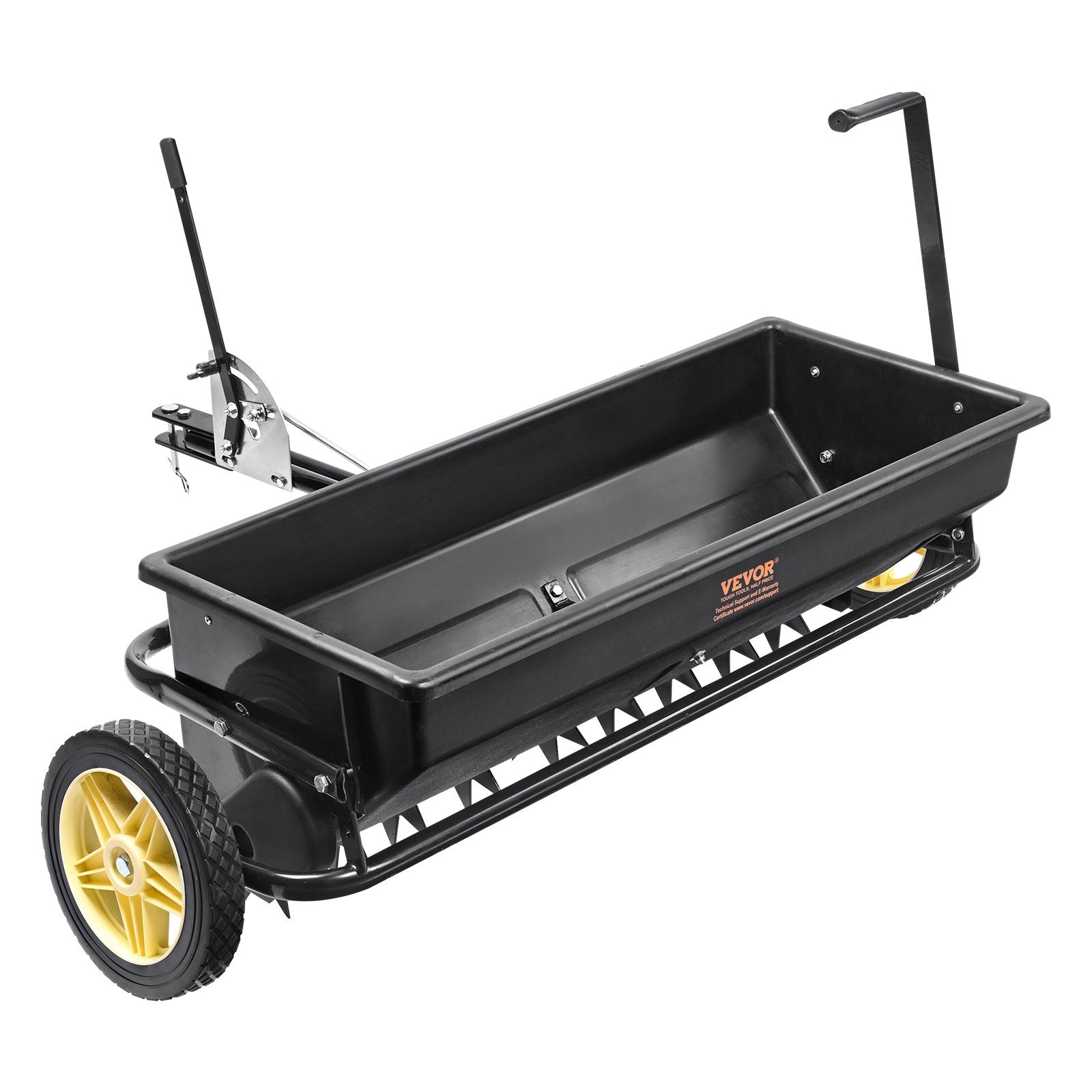 Gardening Tools: VEVOR Broadcast Spreader, 100 LB Tow Behind Poly Drop Spreader with 10" Wheels, Steel Spike Aerator, Fertilizer Spreader, Garden Seeder, and Salt Spreader, for Residential, Farm, Tough Terrain, Black