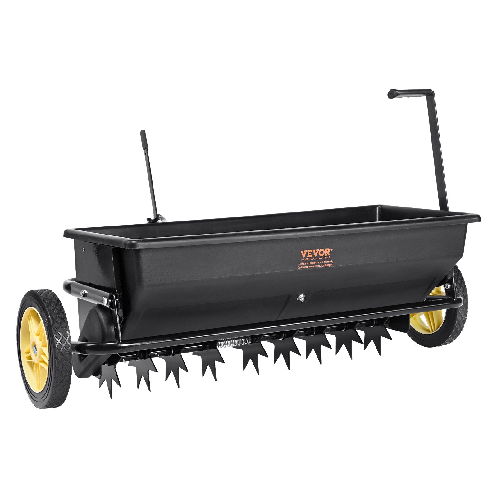 Gardening Tools: VEVOR Broadcast Spreader, 100 LB Tow Behind Poly Drop Spreader with 10" Wheels, Steel Spike Aerator, Fertilizer Spreader, Garden Seeder, and Salt Spreader, for Residential, Farm, Tough Terrain, Black