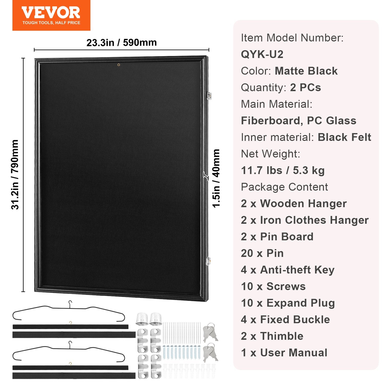 2PCs Jersey Display Frame Case, 590 x 790 x 40 mm, Large Lockable Sport Jersey Shadow Box with 98% UV Protection PC Glass and Hangers, for Baseball Basketball Football Hockey Shirt and Uniform