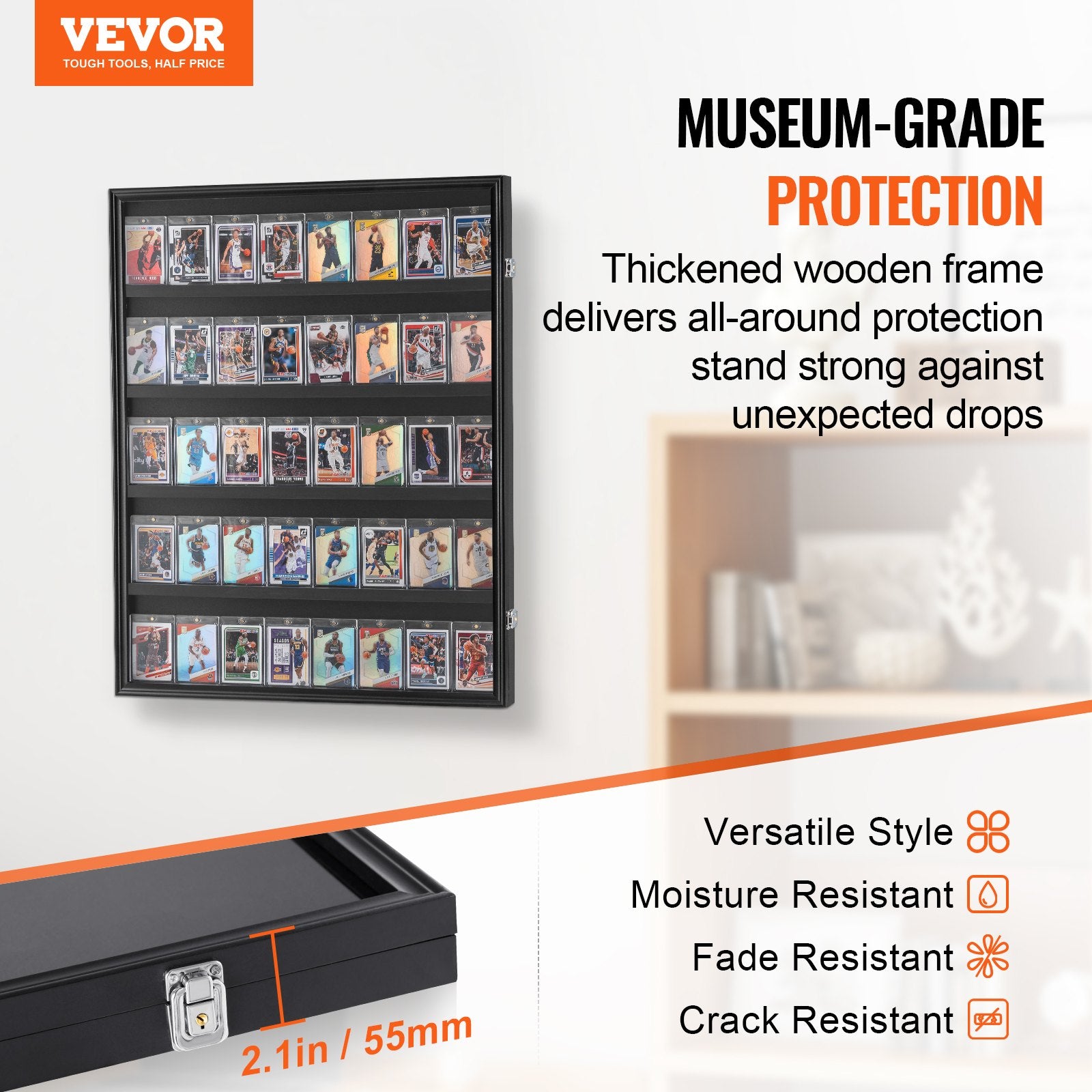 Storage Boxes: VEVOR 35 Graded Sports Card Display Case, 617 x 775 x 55 mm, Baseball Card Display Frame with 98% UV Protection Clear View PC Glass, Lockable Wall Cabinet for Football Basketball Hockey Trading Card
