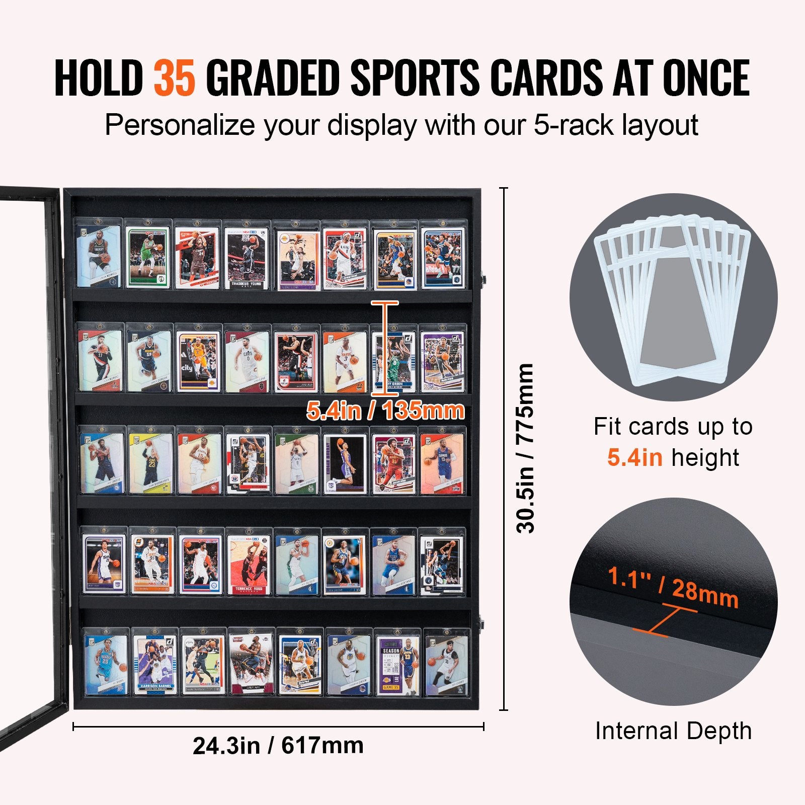 Storage Boxes: VEVOR 35 Graded Sports Card Display Case, 617 x 775 x 55 mm, Baseball Card Display Frame with 98% UV Protection Clear View PC Glass, Lockable Wall Cabinet for Football Basketball Hockey Trading Card