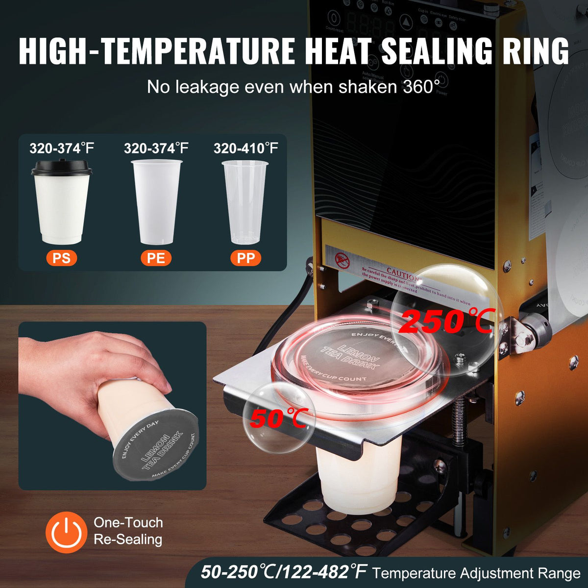Fully Automatic Cup Sealing Machine, 500-650 Cups/H, Cup Sealer Machine for 180 mm Tall & 90/95 mm Cup, Electric Boba Tea Sealer with Digital Control LCD Panel for Bubble Milk Tea Coffee, Gold