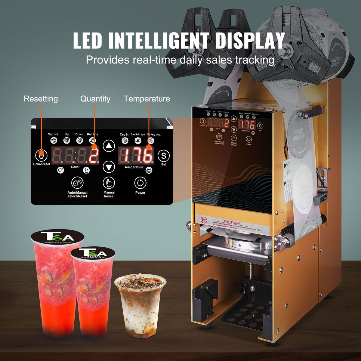 Fully Automatic Cup Sealing Machine, 500-650 Cups/H, Cup Sealer Machine for 180 mm Tall & 90/95 mm Cup, Electric Boba Tea Sealer with Digital Control LCD Panel for Bubble Milk Tea Coffee, Gold