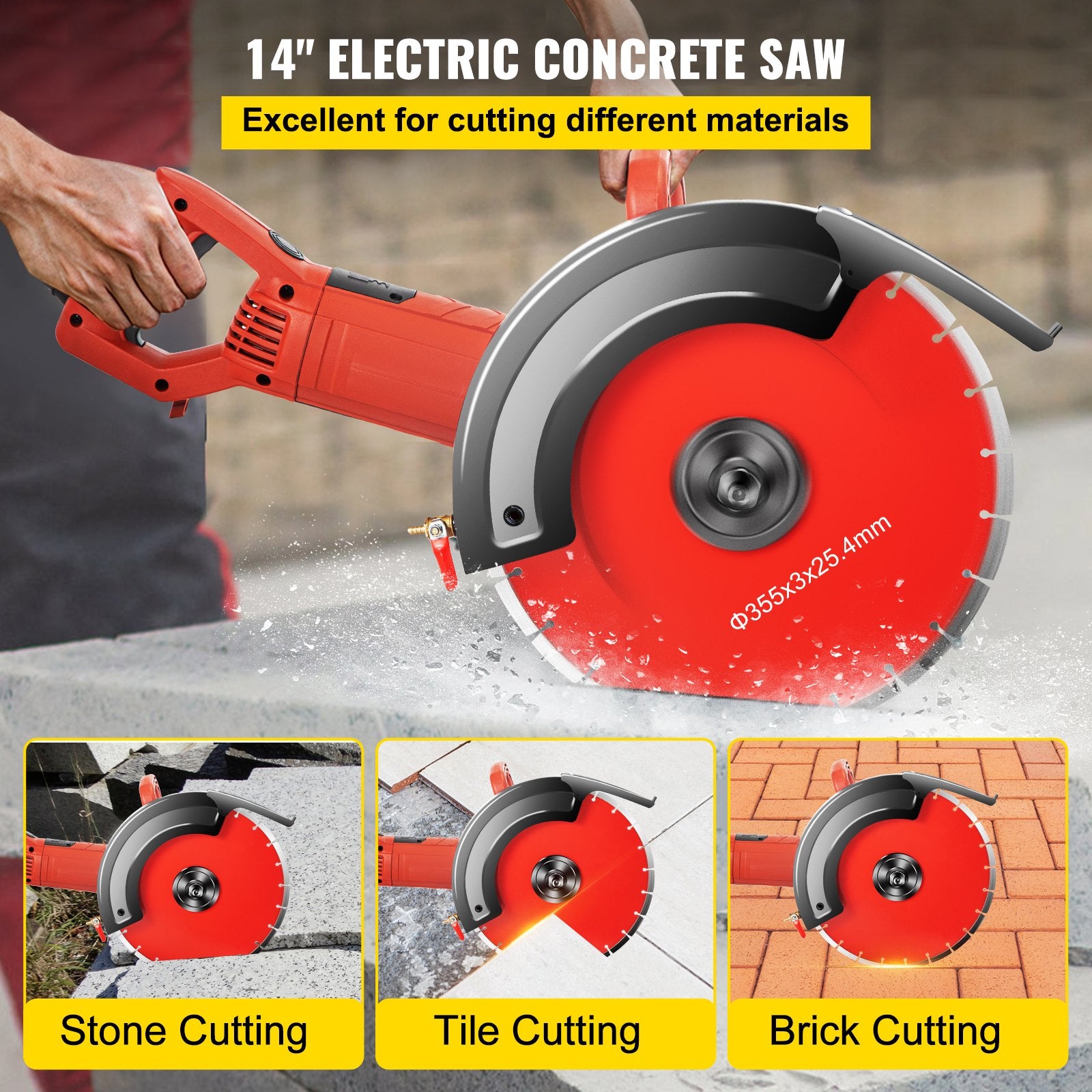 Saw Accessories: VEVOR Electric Concrete Saw, 14" Concrete Cutter, 1800W Concrete Saw, Electric Circular Saw with 14" Blade and Tools, Masonry Saw for Granite, Brick, Porcelain, Reinforced Concrete and Other Materials