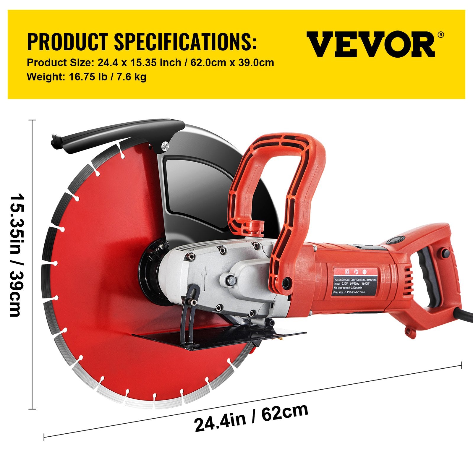 Saw Accessories: VEVOR Electric Concrete Saw, 14" Concrete Cutter, 1800W Concrete Saw, Electric Circular Saw with 14" Blade and Tools, Masonry Saw for Granite, Brick, Porcelain, Reinforced Concrete and Other Materials