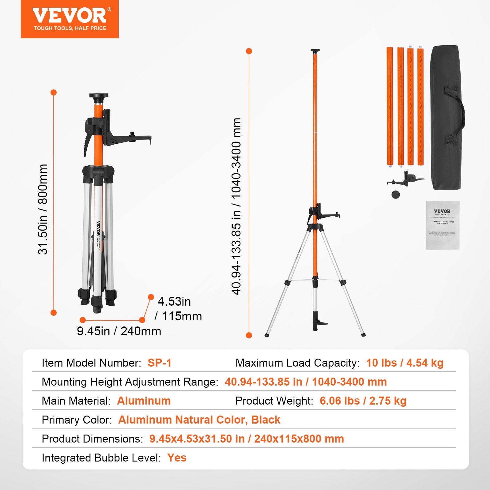 Camera Accessories: VEVOR Laser Level Tripod, 1/4"-20 & 5/8"-11 Thread Mount, 40.94-133.85 inch Height Adjustment with Level Bubble & Heavy-duty Stand, Extendable Pole Lightweight Aluminum Tripod for Laser Scanner