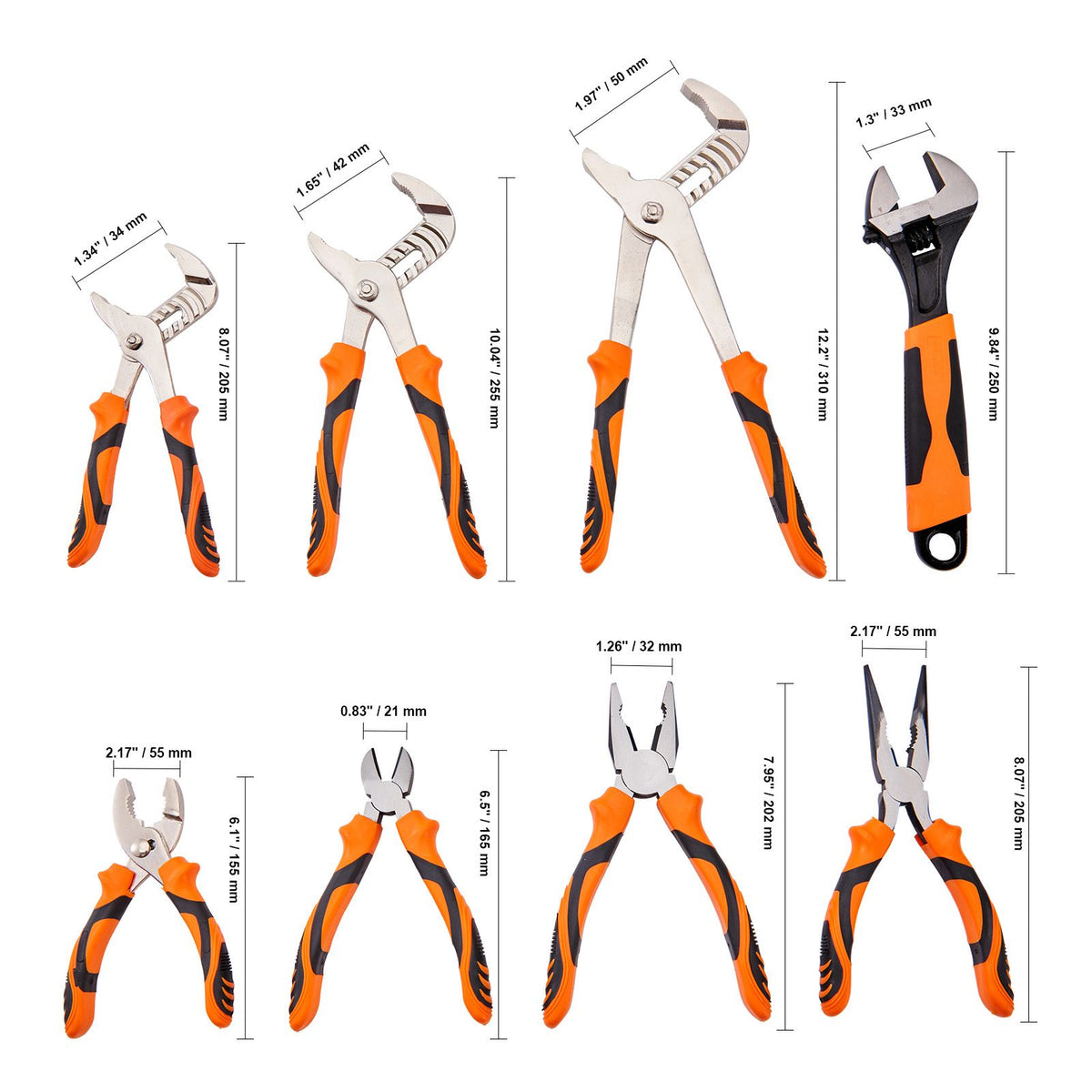 Pliers Set, 8-Piece, High Carbon Steel, 30.5cm/25.4cm/20.3cm Groove Joint Pliers, 20.3cm Linesman's Pliers, 15.2cm Slip Joint Pliers, 20.3cm Long Nose Pliers, 15.2cm Diagonal Cutter, 25.4cm Adjustable Wrench, and Tool Bag
