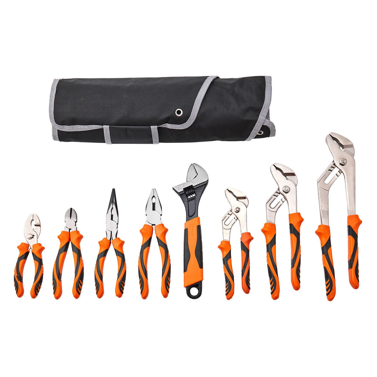 Pliers Set, 8-Piece, High Carbon Steel, 30.5cm/25.4cm/20.3cm Groove Joint Pliers, 20.3cm Linesman's Pliers, 15.2cm Slip Joint Pliers, 20.3cm Long Nose Pliers, 15.2cm Diagonal Cutter, 25.4cm Adjustable Wrench, and Tool Bag