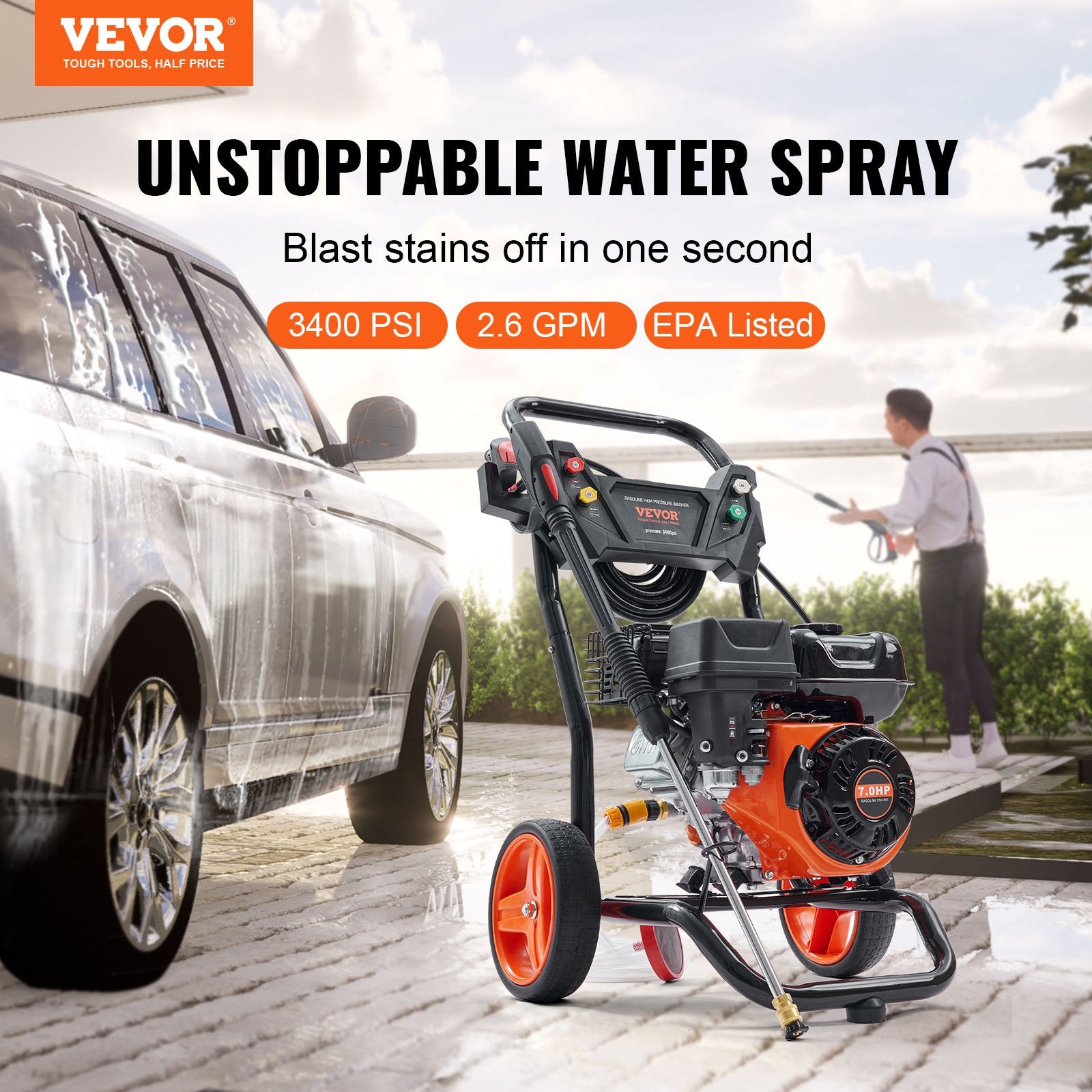 Fuel & Exhaust: VEVOR Gas Pressure Washer Gas Powered Washer 3400 PSI 2.6 GPM 210cc 5 Nozzles