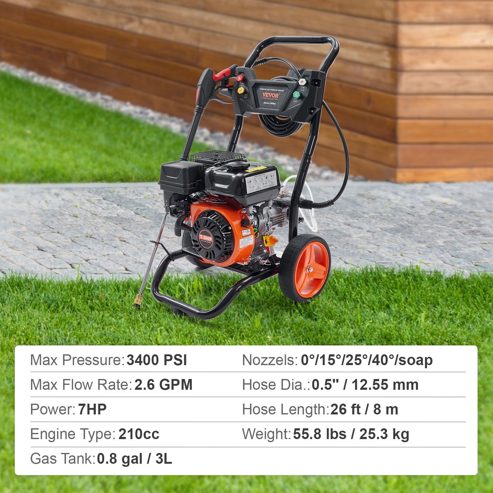 Fuel & Exhaust: VEVOR Gas Pressure Washer Gas Powered Washer 3400 PSI 2.6 GPM 210cc 5 Nozzles
