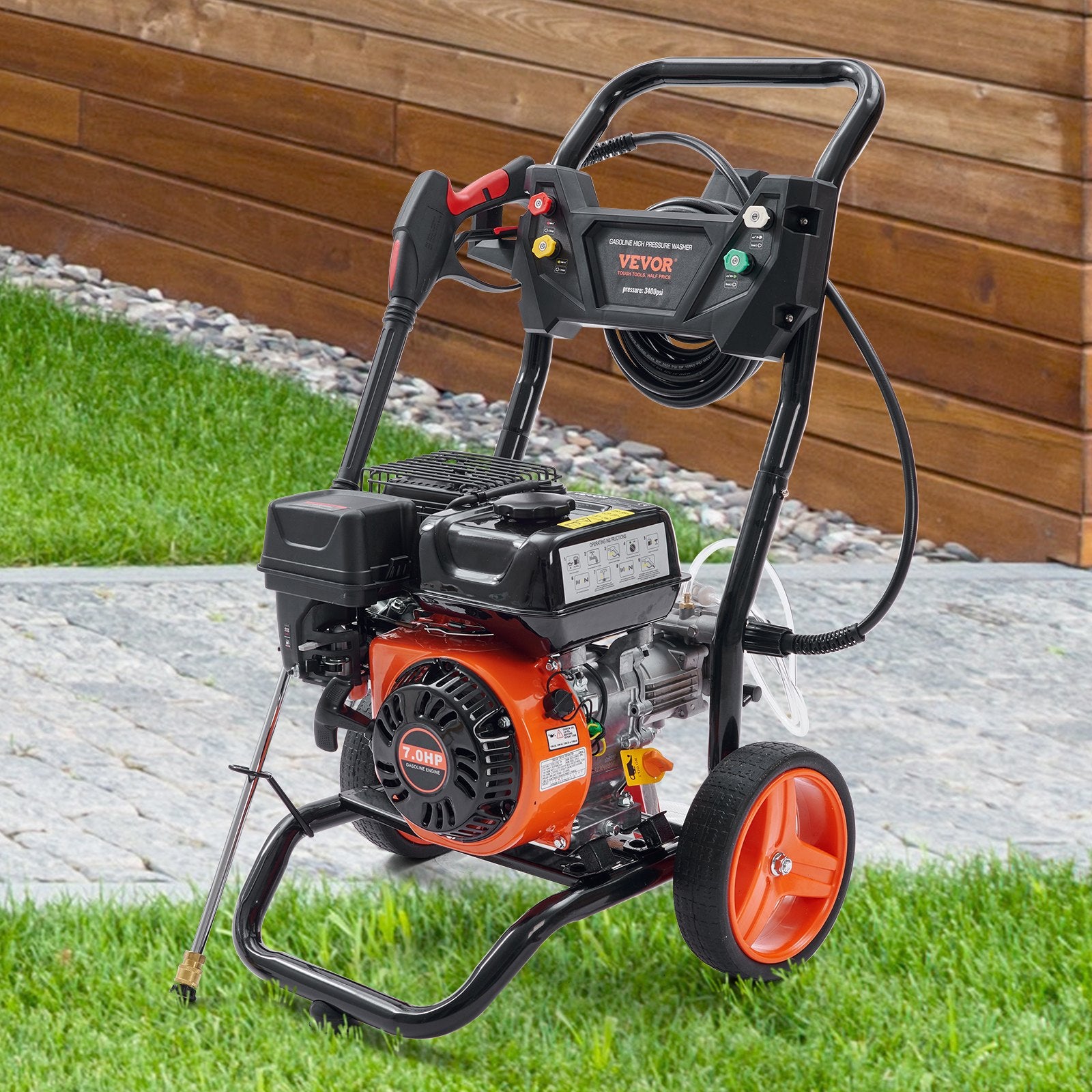 Fuel & Exhaust: VEVOR Gas Pressure Washer Gas Powered Washer 3400 PSI 2.6 GPM 210cc 5 Nozzles