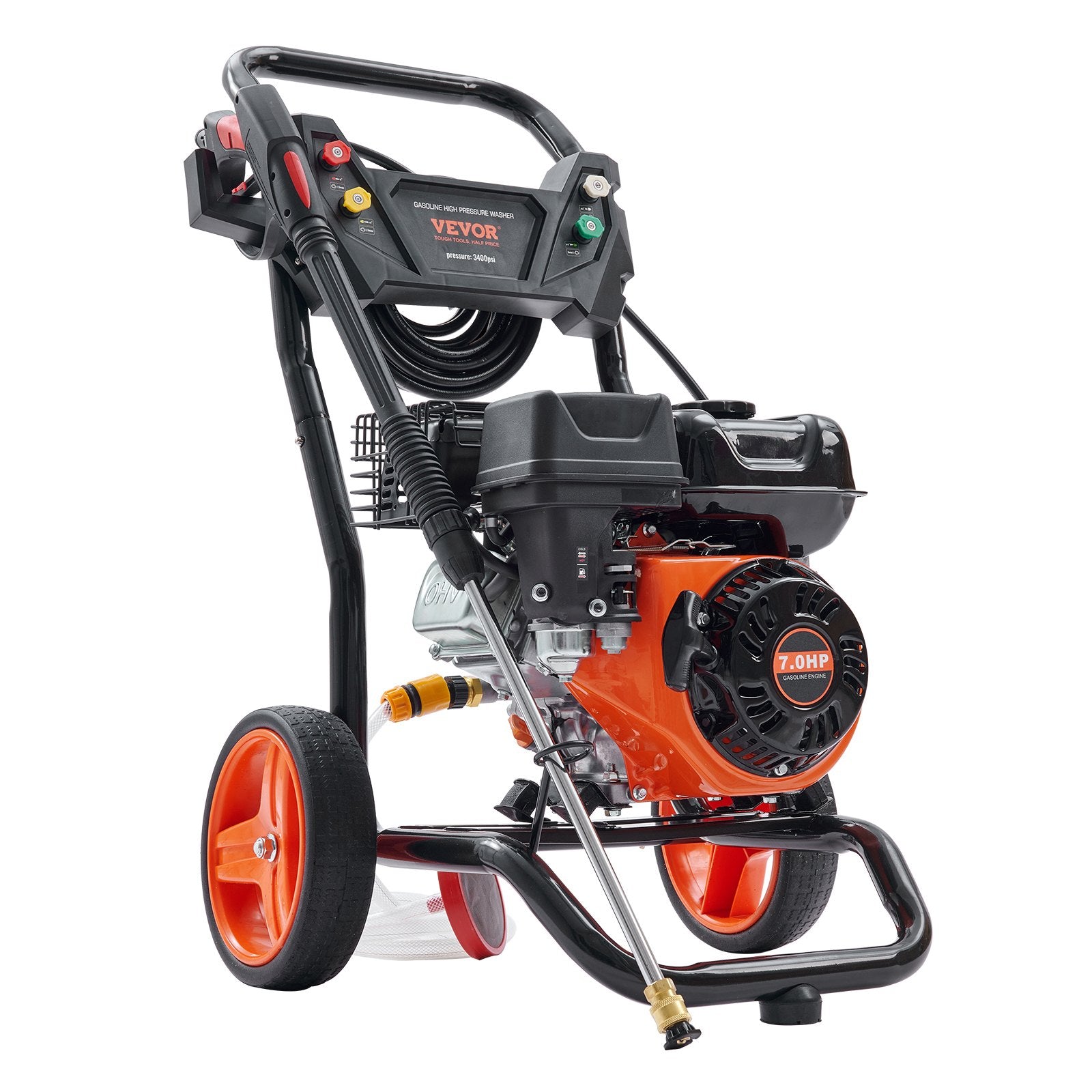 Fuel & Exhaust: VEVOR Gas Pressure Washer Gas Powered Washer 3400 PSI 2.6 GPM 210cc 5 Nozzles