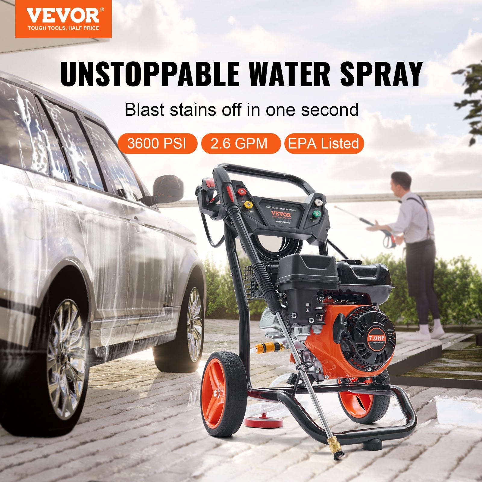 Fuel & Exhaust: VEVOR Gas Pressure Washer Gas Powered Washer 3600 PSI 2.6 GPM 210cc 5 Nozzles